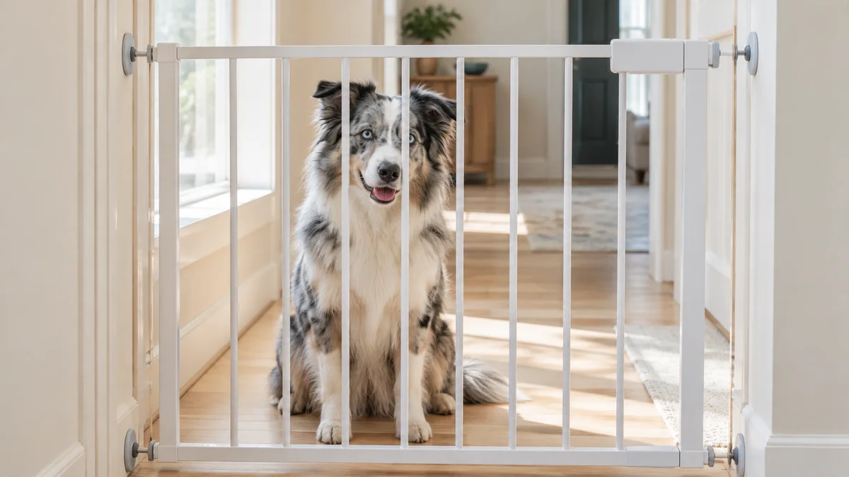 a medium blue-merle double-coated dog with semi-erect ears sitting calmly behind a clean white pressure-mount gate in a bright hallway with pale hardwood floor and cream walls