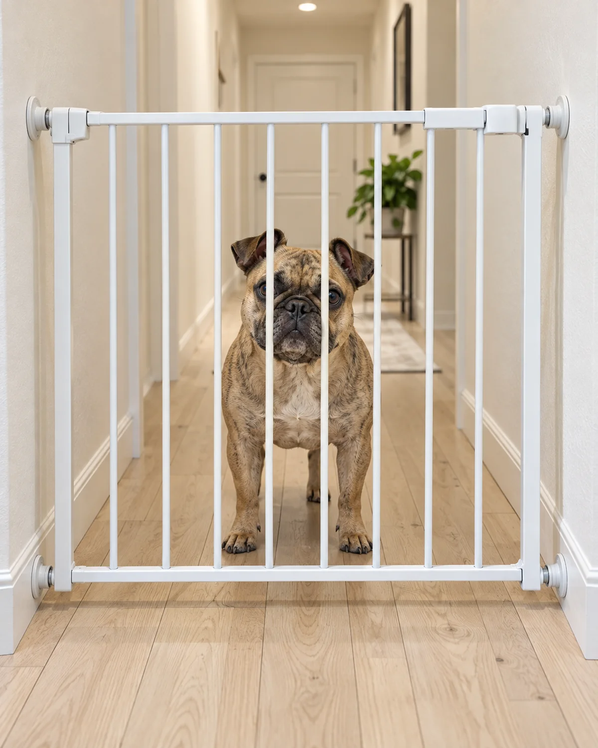 a small compact fawn-brindle short-coated dog with rose ears standing on one side of a white pressure-mount gate fitted snugly between narrow hallway walls in bright overhead light with pale wood floor