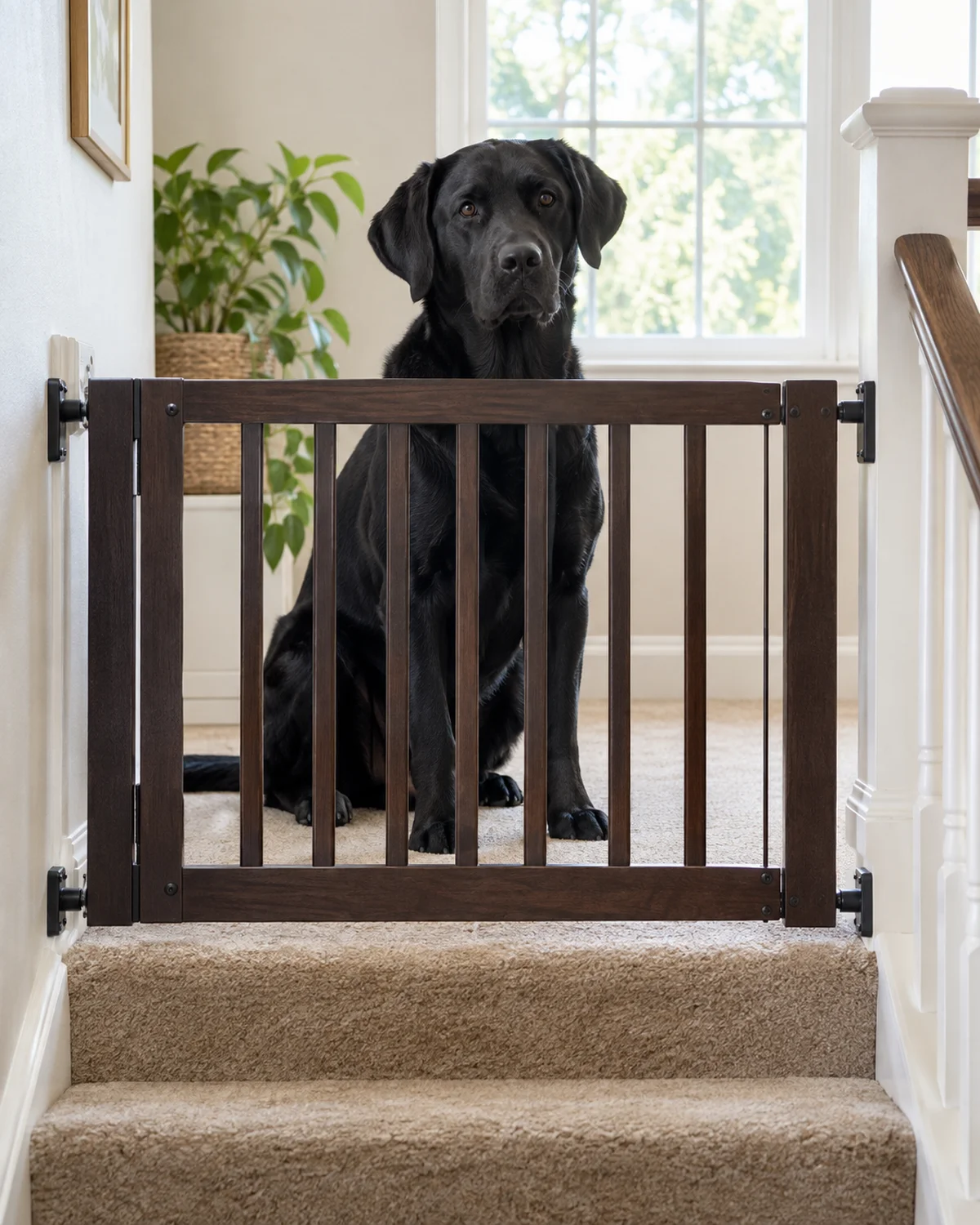a large solid-black smooth-coated dog with floppy ears sitting at the top of carpeted stairs behind a dark-stained wood hardware-mount gate bolted to the wall studs in bright natural light from a landing window