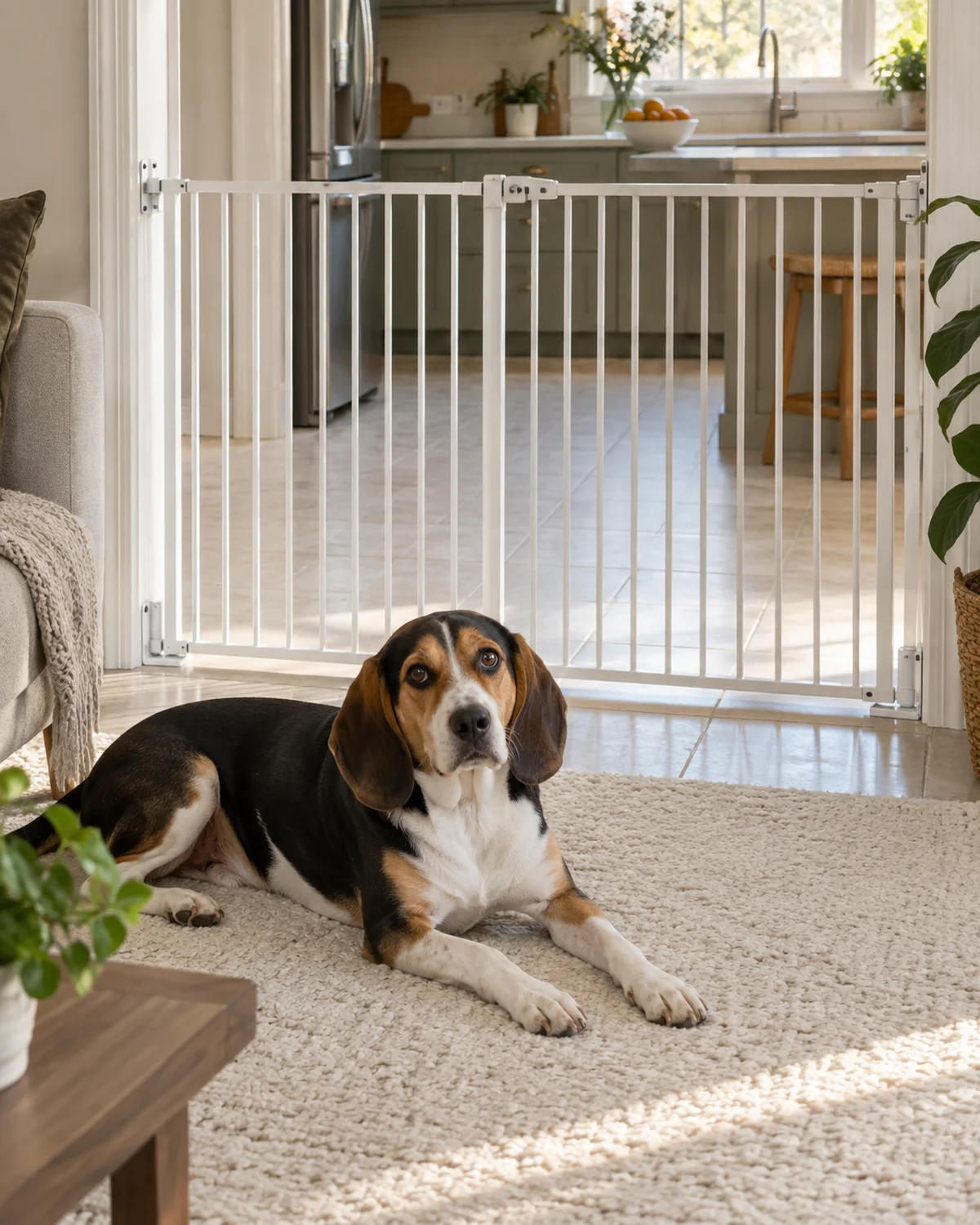 a medium tricolor short-coated hound with long low-set floppy ears lying on the living room side of an extra-wide white metal swing gate spanning a wide doorway between living room and kitchen in bright afternoon sidelight