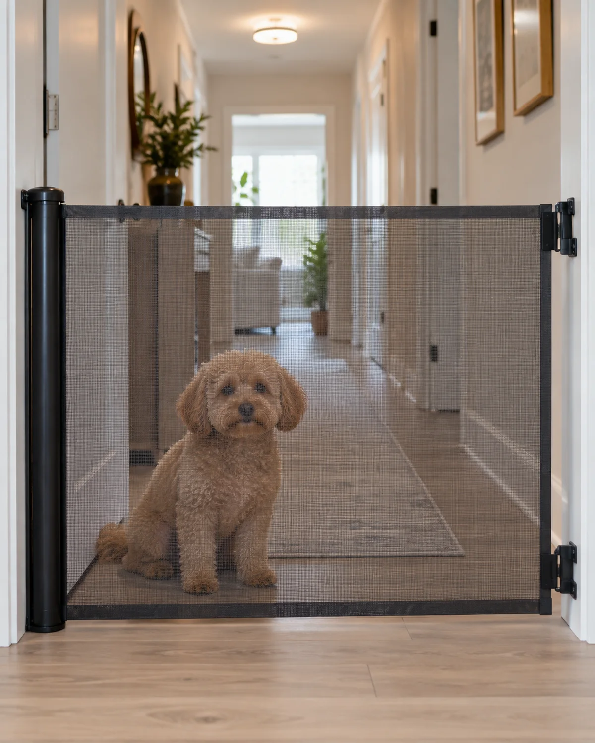 a small fluffy apricot curly-coated dog with button nose and dark round eyes watching from behind a fully extended retractable mesh gate stretched across a busy hallway in bright overhead light with pale wood floor