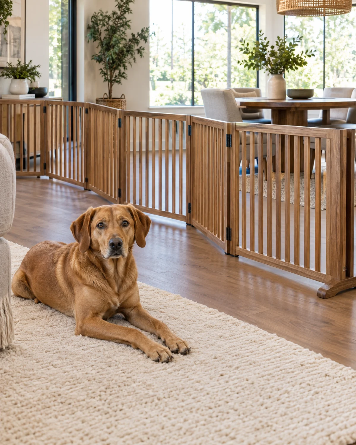 a medium rusty golden-brown short-coated dog with floppy ears lying on a cream rug next to a freestanding zigzag wood panel gate creating a boundary in an open living dining area with bright natural light from large windows
