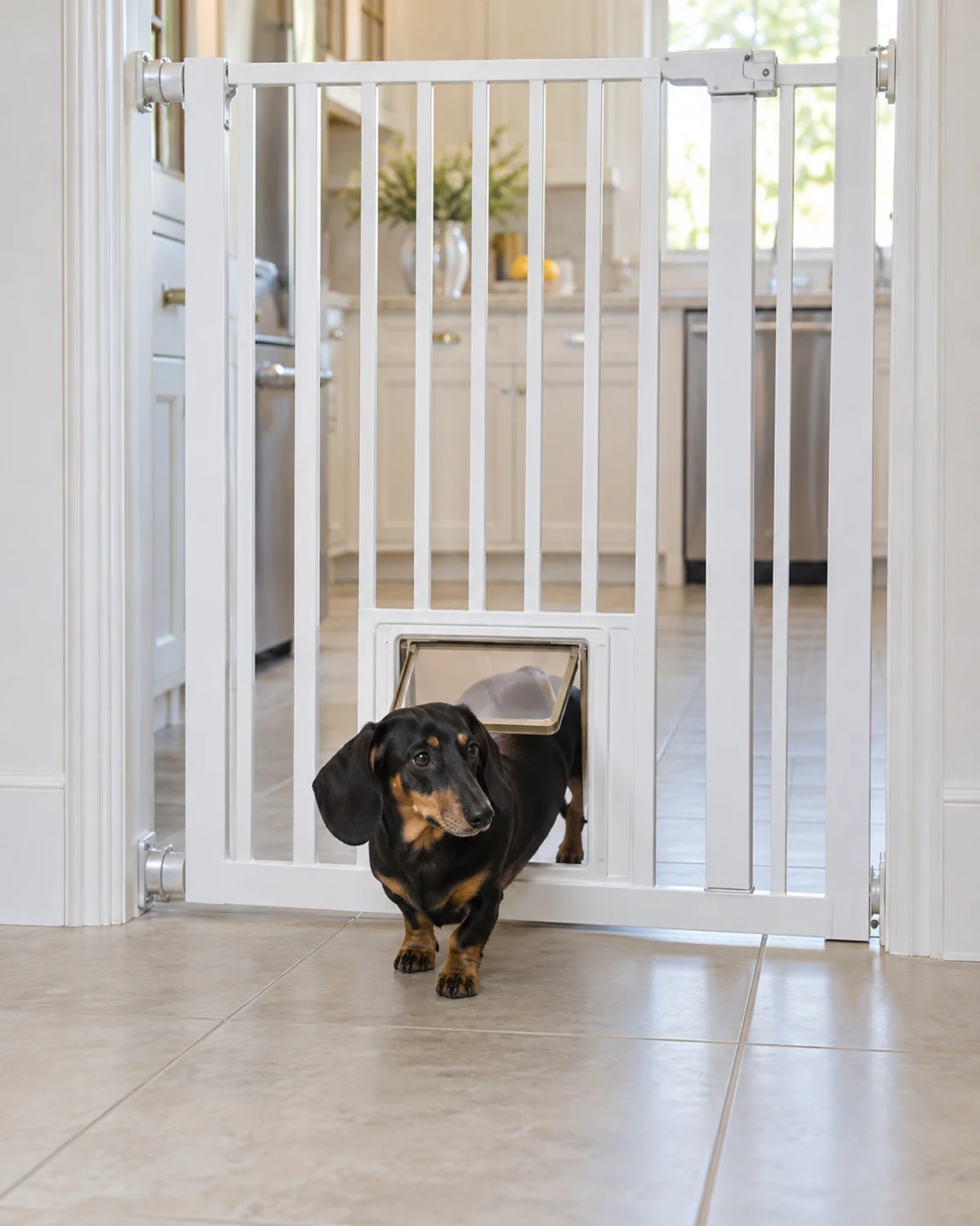 a small smooth-coated black-and-tan dog with long low body and short legs stepping through a built-in pet door flap at the bottom of a tall white walk-through gate installed in a kitchen doorway in bright kitchen light