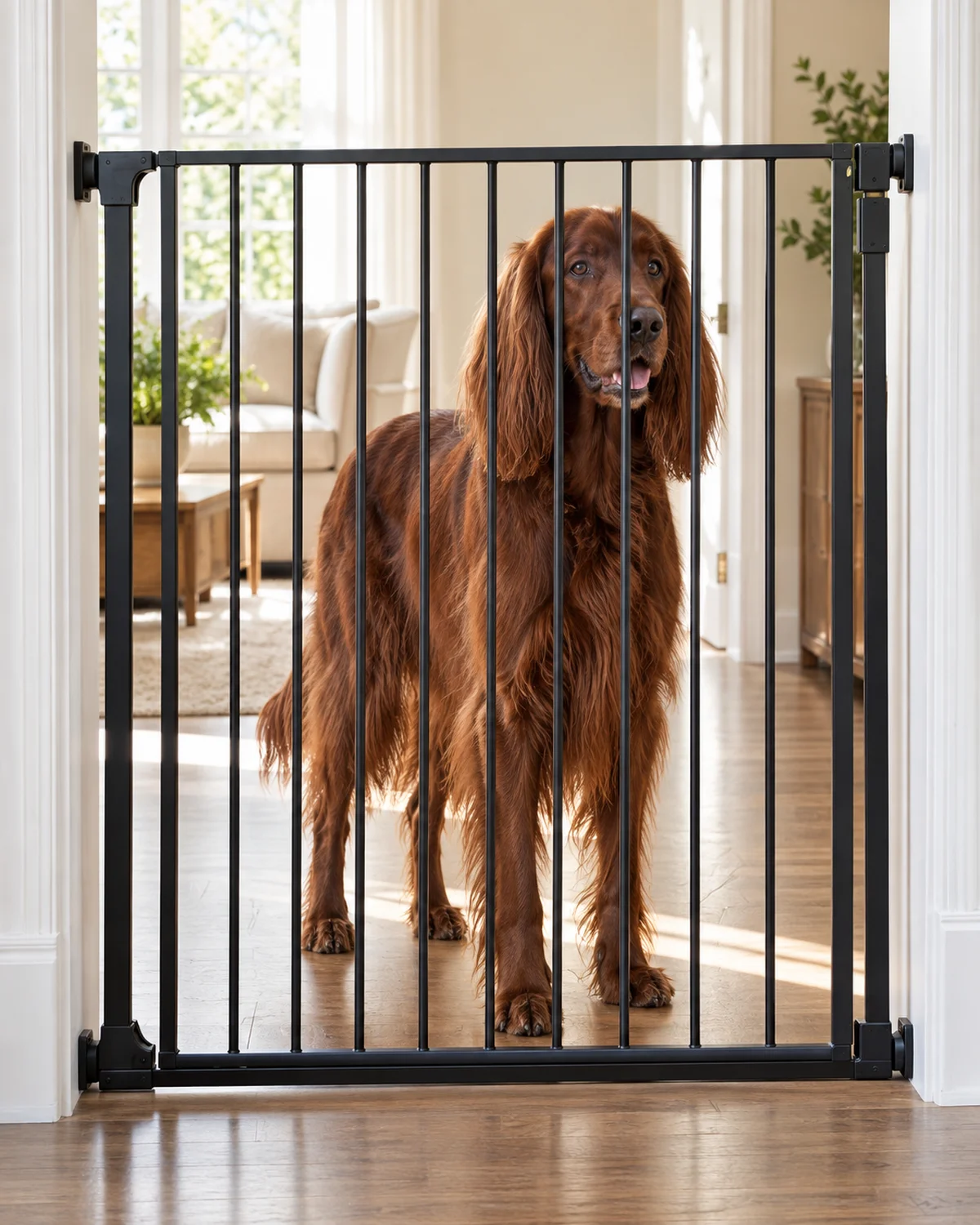 a large deep mahogany-red feathered long-coated dog with floppy silky ears standing on hind legs with front paws resting near the top rail of a 42-inch tall black metal gate in a wide doorway in bright natural sidelight