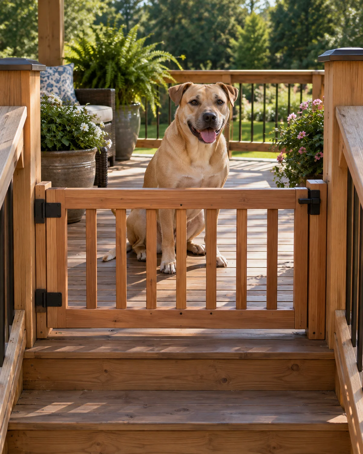 a medium sandy-blonde short-coated dog with rose ears and a muscular jaw sitting on a wooden deck behind a low cedar deck gate that closes off the porch stairs with bright outdoor afternoon light and green lawn beyond the railing