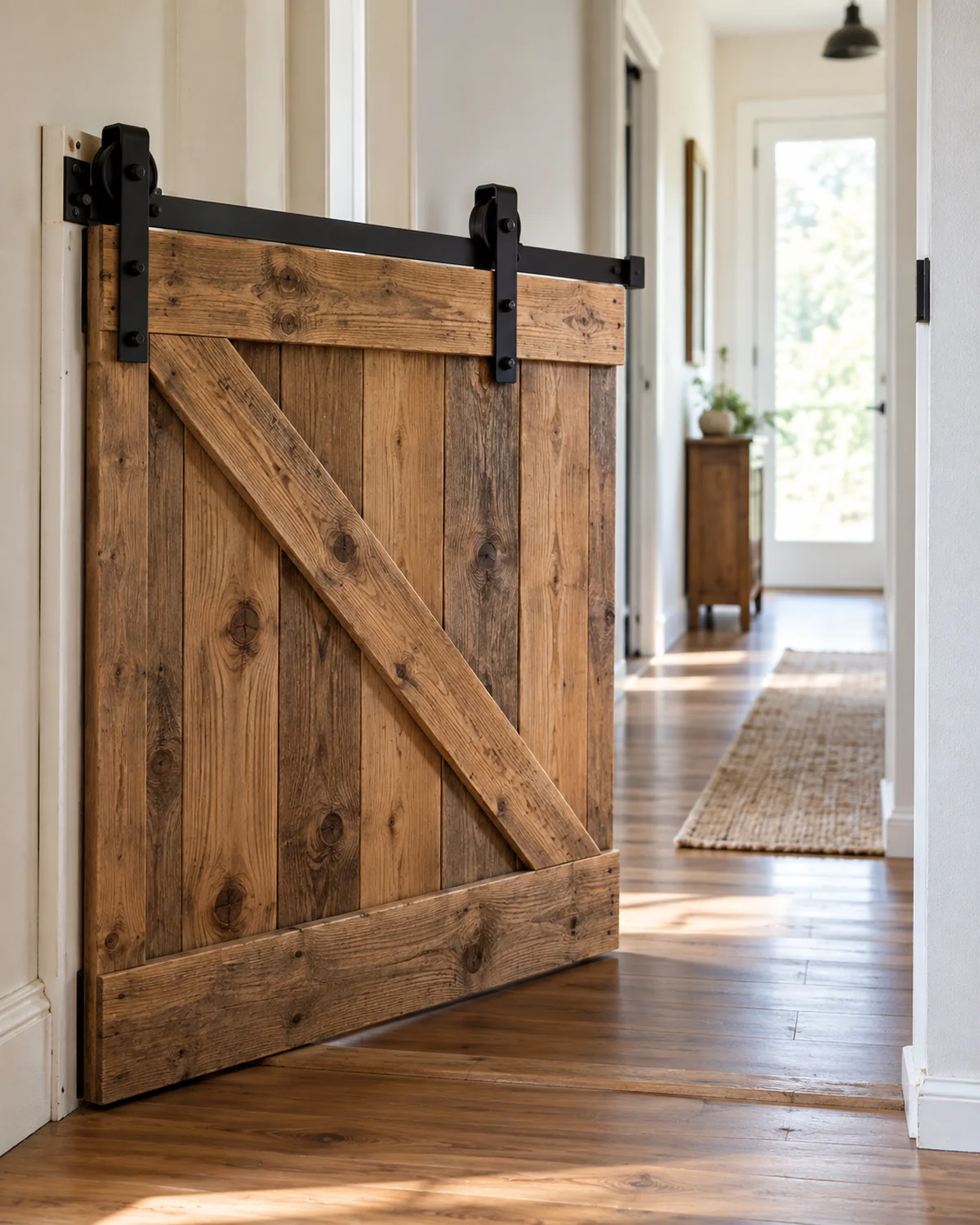 close-up of a finished DIY barn-door-style sliding gate made from reclaimed pine planks with black metal sliding hardware in the half-open position revealing a bright hallway with pale wall and natural sidelight