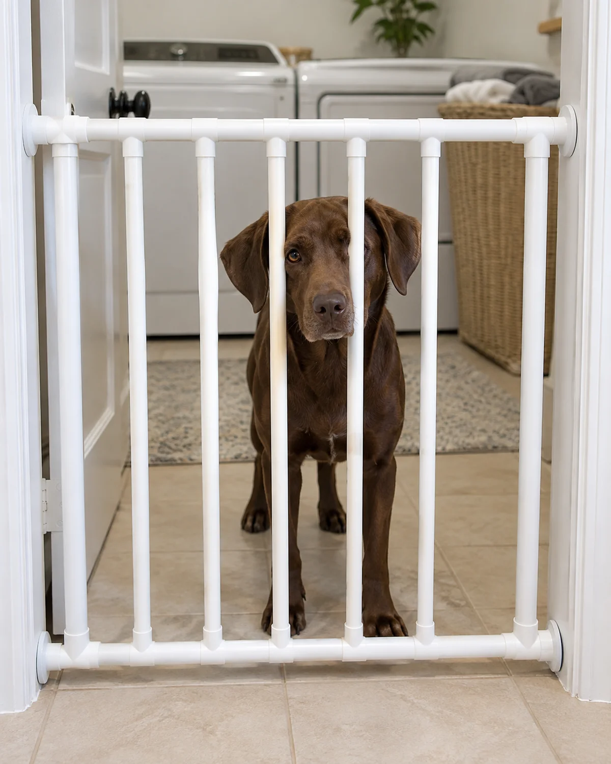 a medium chocolate-brown short-coated dog with floppy ears peeking through a simple white PVC pipe gate fitted across a laundry room doorway in bright overhead light with pale tile floor