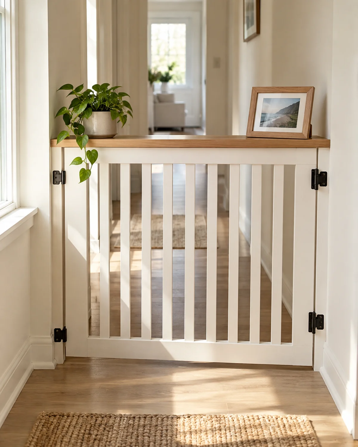 a wall-mounted half-gate at waist height in a hallway with the top surface functioning as a narrow display shelf holding a small plant and a framed photo in bright natural sidelight with cream walls and pale wood floor