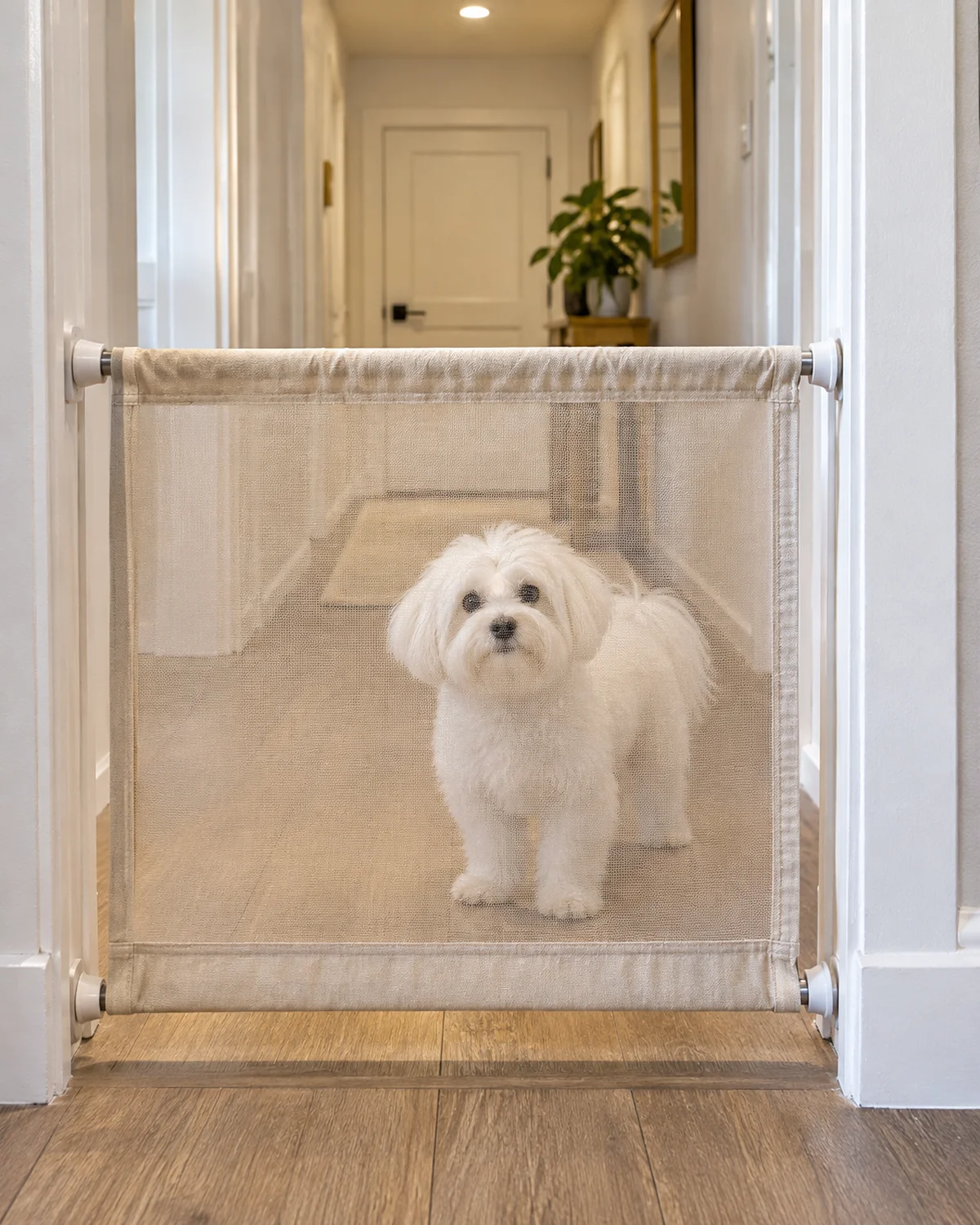 a small pure-white long-coated dog with a fluffy rounded face standing behind a canvas fabric tension gate stretched between two door frame walls in an apartment hallway in bright overhead light