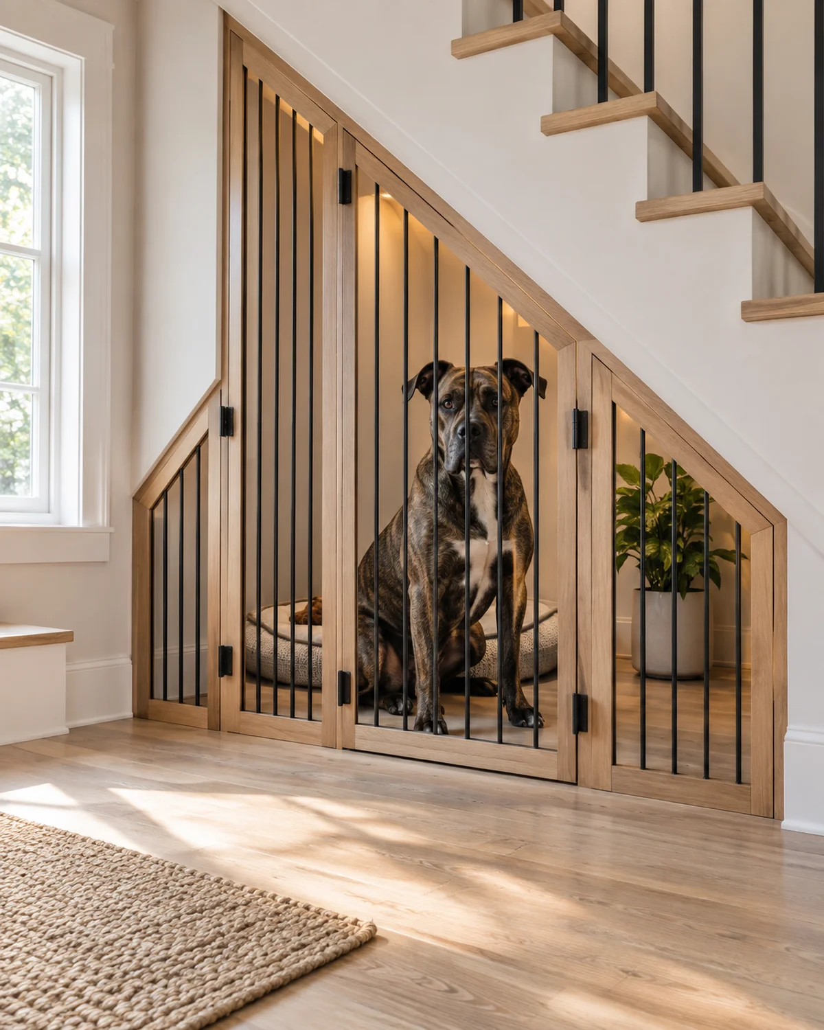 a large brindle short-coated dog with a powerful build and semi-erect ears sitting behind a custom-fitted angled gate that fills an odd-shaped opening under a staircase with the gate panels cut to match the sloped ceiling line in bright natural light
