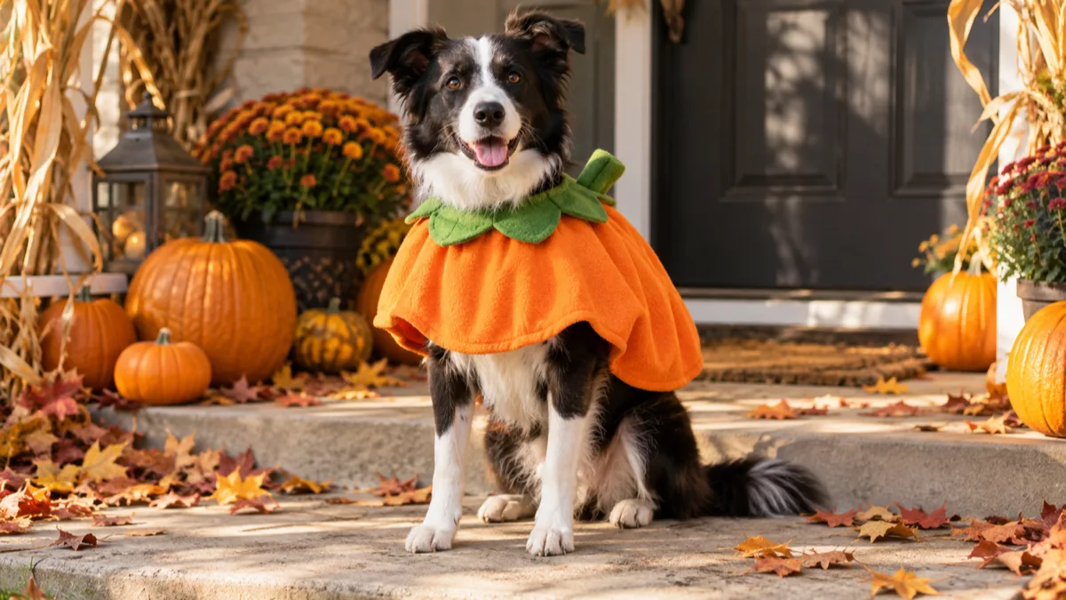 a medium athletic black-and-white dog with semi-erect ears sitting on a front porch decorated with pumpkins wearing an orange pumpkin fleece poncho