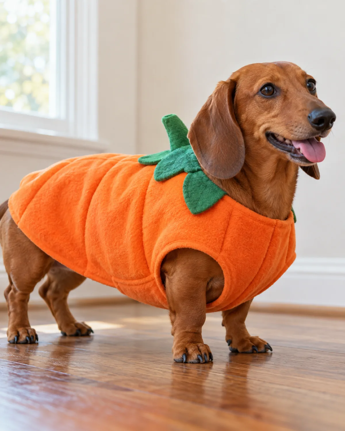 a small solid-red short-coated dog with very short legs and long floppy ears standing on a hardwood floor wearing an orange fleece pumpkin poncho with a green felt stem