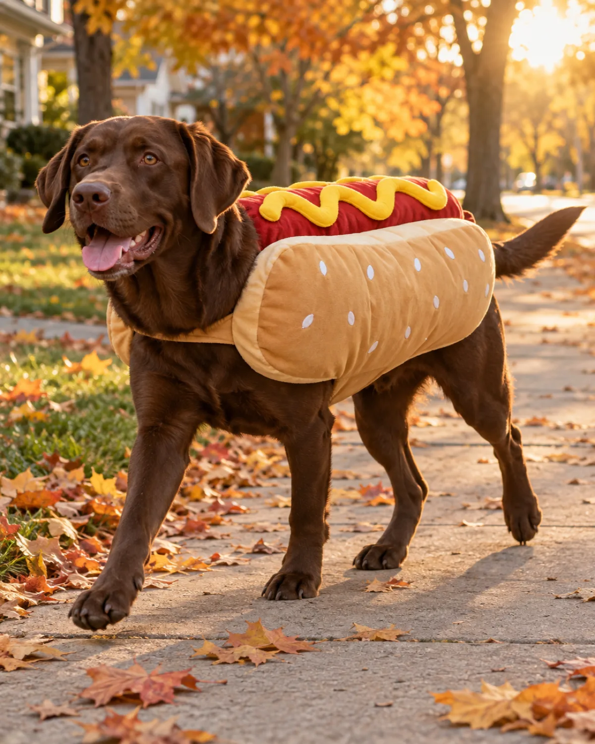a large solid chocolate-brown short-coated dog with floppy ears trotting down a suburban sidewalk wearing a foam hot dog bun costume with mustard squiggle detail