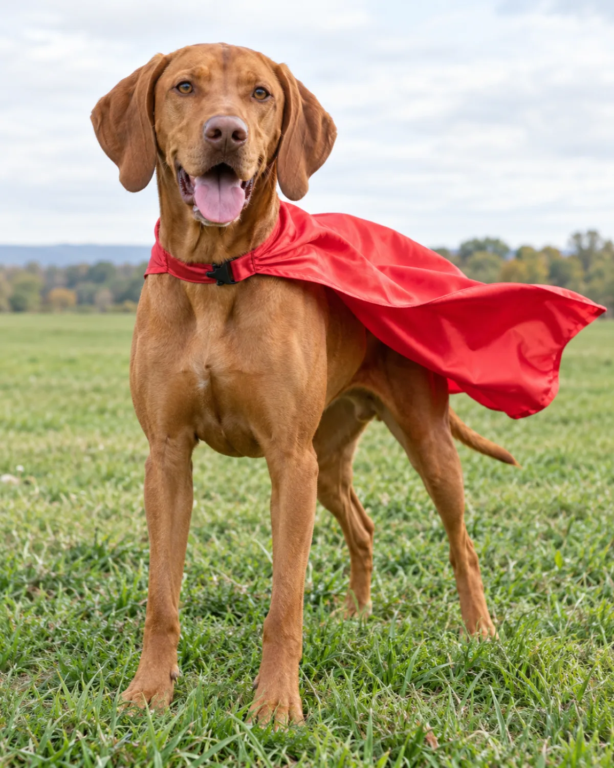 a medium-large sleek rusty golden-brown short-coated dog with floppy ears standing on a grassy lawn with a red satin superhero cape clipped to collar billowing in the breeze