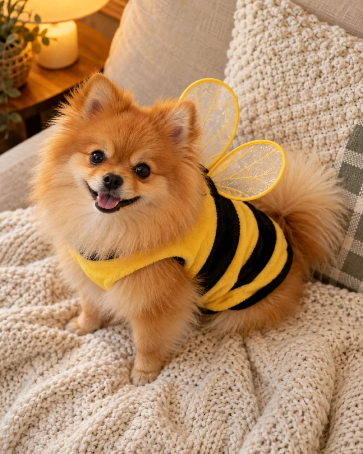 a tiny fluffy orange double-coated dog with erect ears and a plumed tail sitting on a cream knit blanket wearing a yellow-and-black striped bumblebee costume with sheer wings