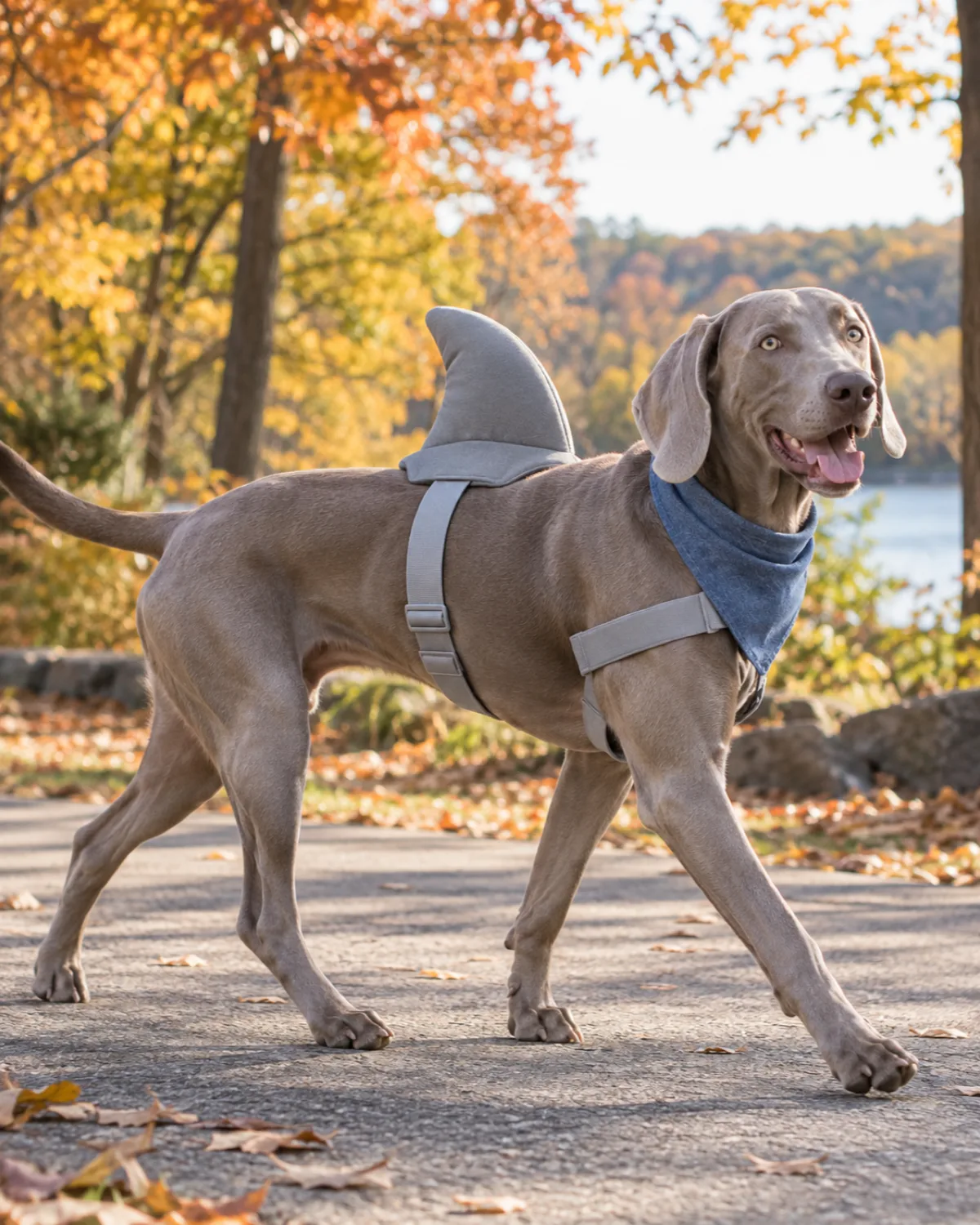 a large sleek silver-grey short-coated dog with floppy ears and pale eyes walking on a paved path wearing a grey shark dorsal fin on a chest harness with a blue bandana