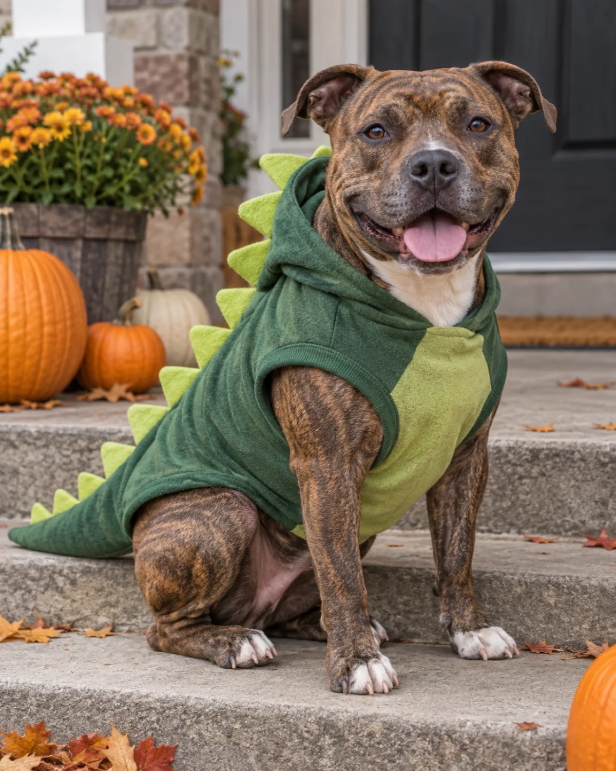 a medium muscular brindle-coated dog with a broad blocky head sitting on front porch steps wearing a green dinosaur hoodie with soft felt spikes down the spine and pumpkins beside