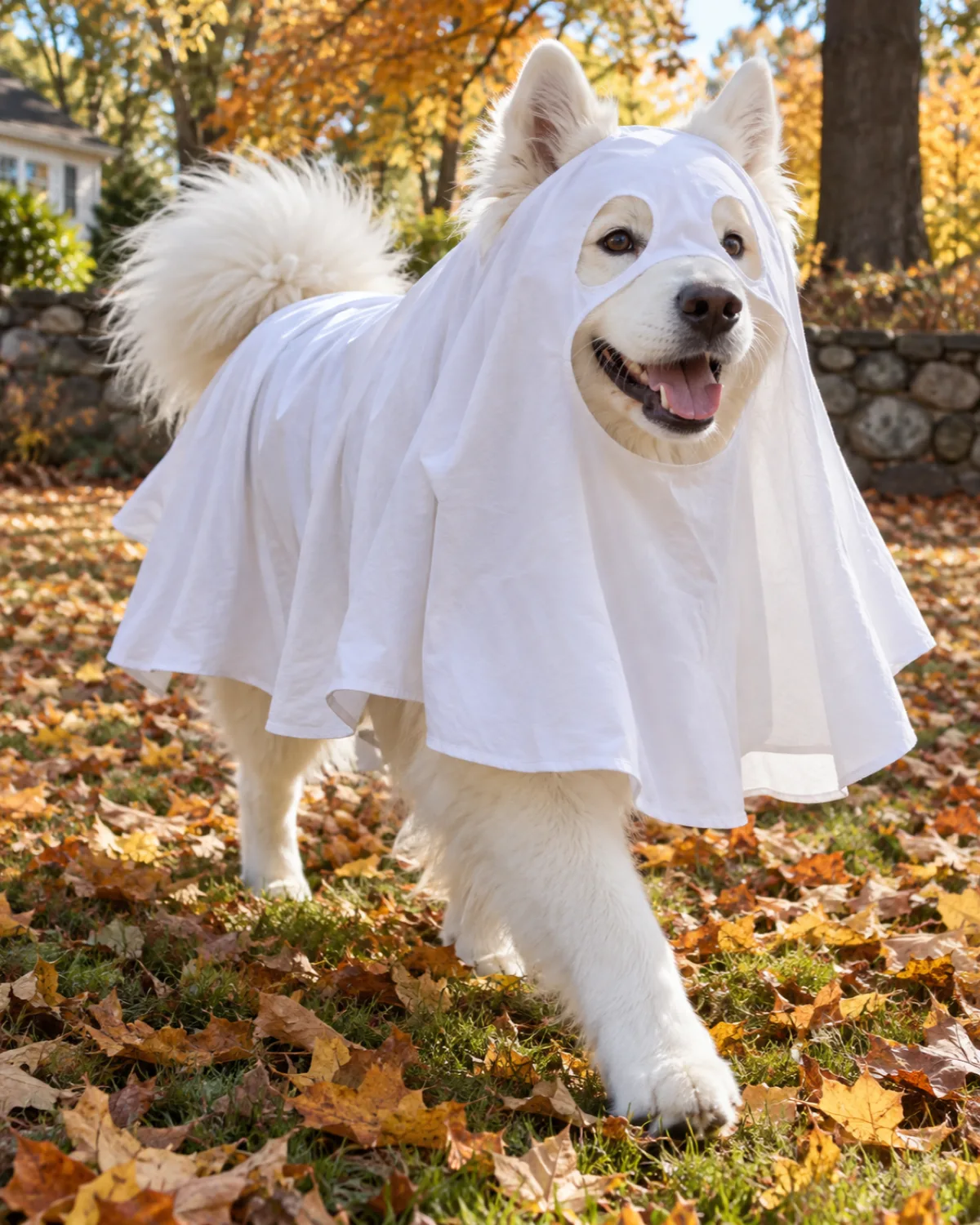 a large pure-white thick double-coated dog with erect ears walking across a leaf-covered lawn wearing a white sheet ghost poncho with eye holes and fabric flowing mid-stride