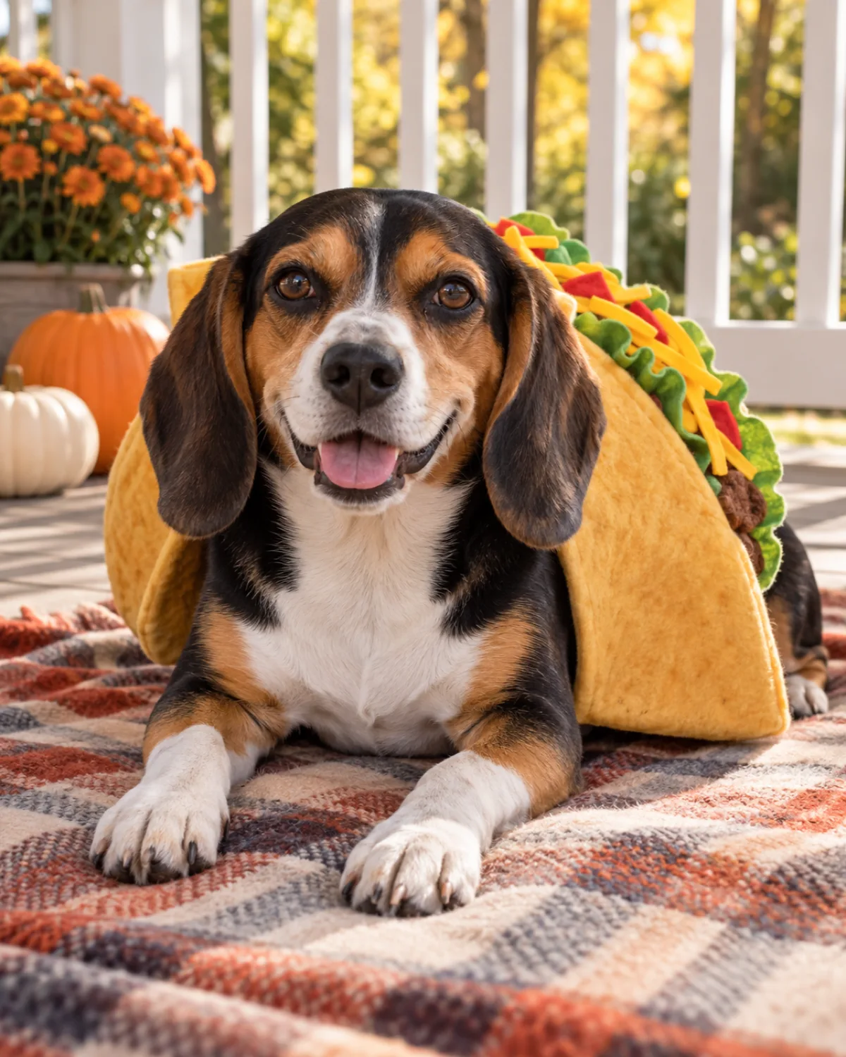 a small sturdy tricolor short-coated hound with long floppy ears lying on an outdoor blanket wearing a folded felt taco shell costume with lettuce and cheese toppings along the spine
