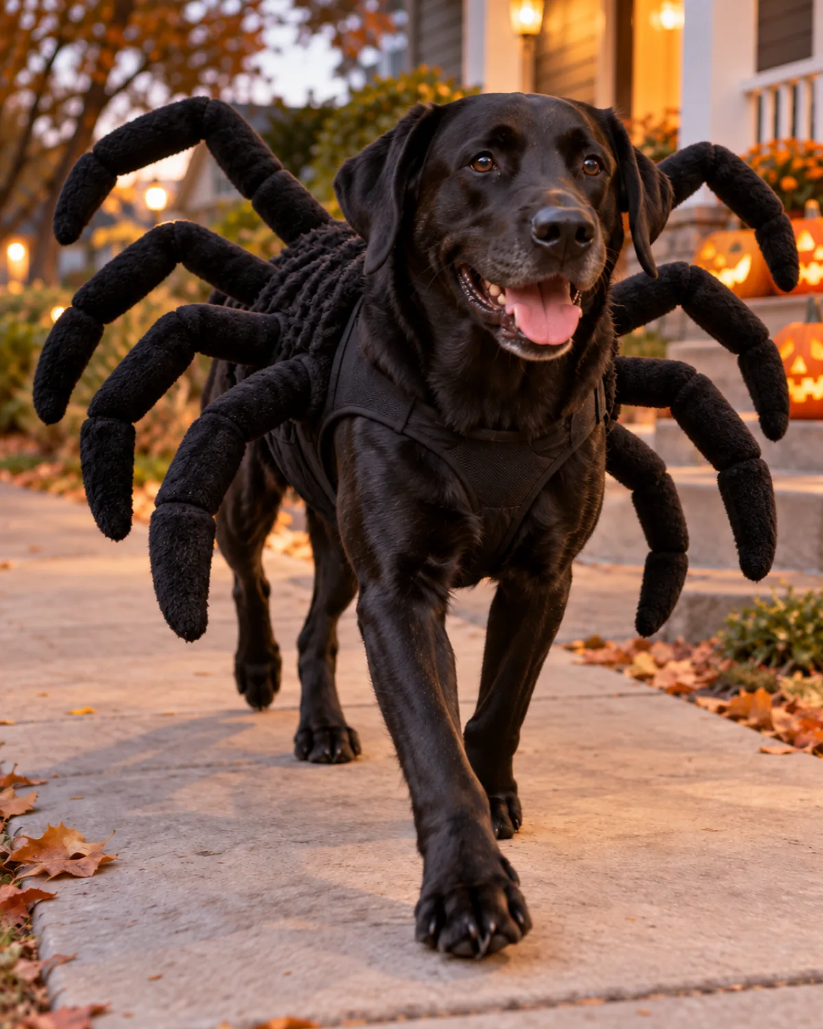 a large athletic solid-black glossy-coated dog with floppy ears trotting down a neighborhood sidewalk wearing a black spider costume with four extra stuffed legs bouncing on each side