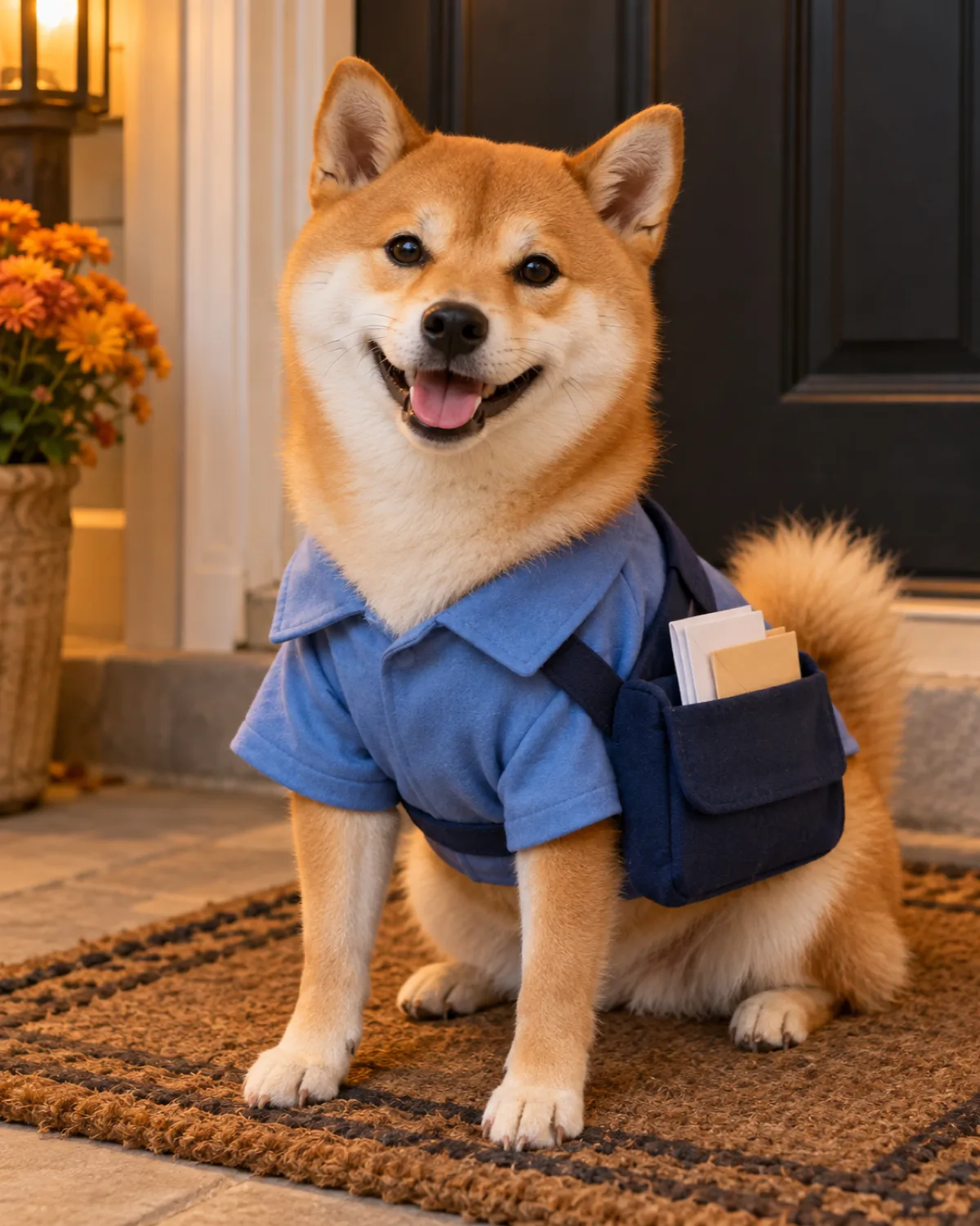 a small compact orange-red double-coated dog with erect ears and white underside sitting on a doormat at a front door wearing a miniature blue postal uniform shirt with a tiny felt mail bag