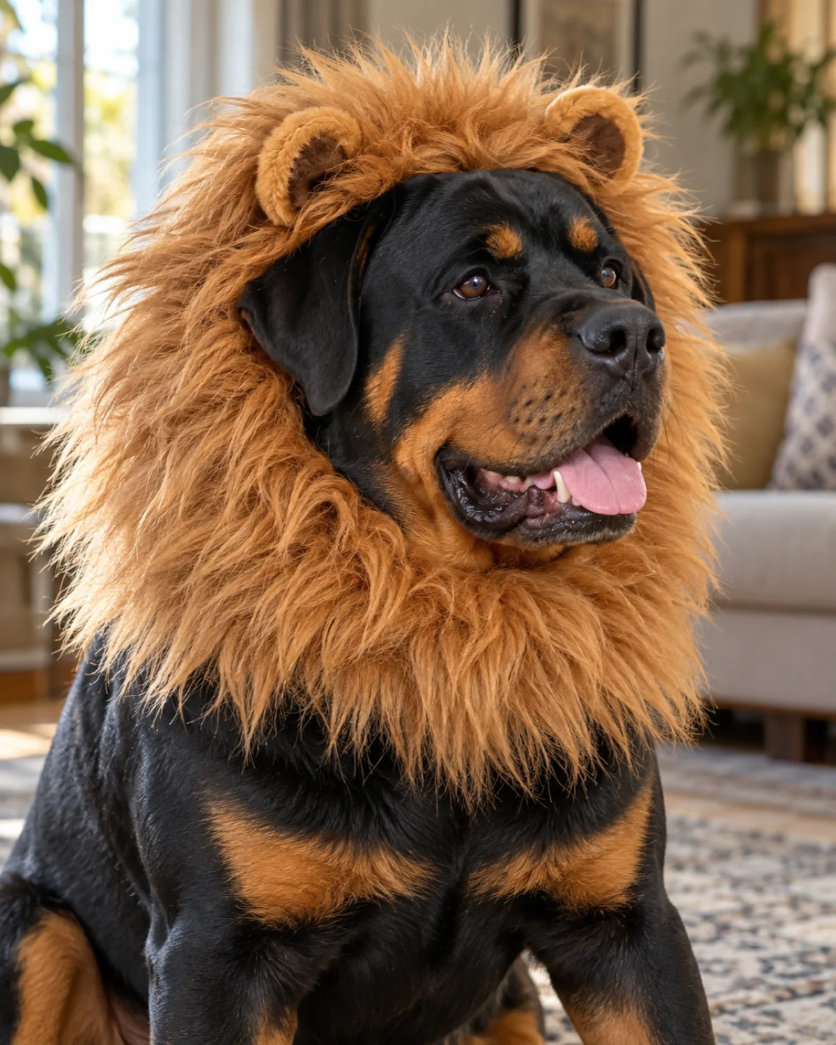 a large powerful black-and-tan short-coated dog with a broad blocky head and floppy ears sitting in a living room wearing a fluffy tan lion mane collar around neck and ears