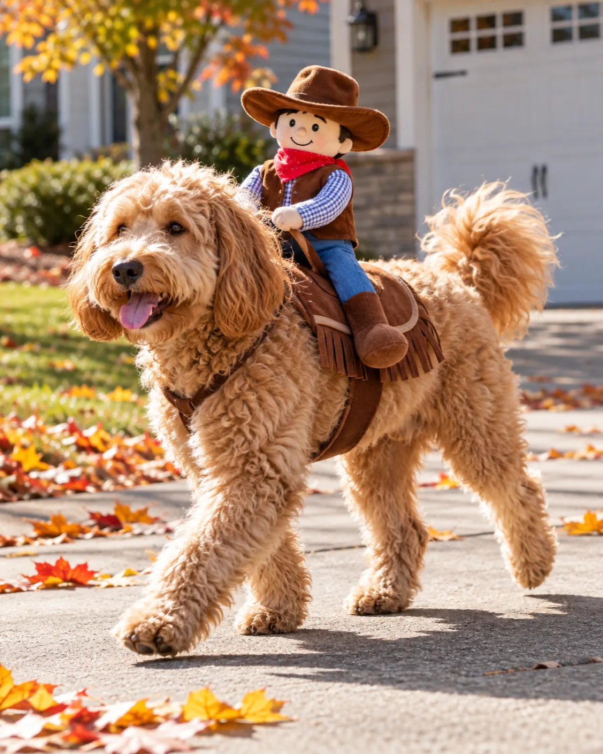 a medium shaggy wavy-to-curly apricot-coated dog with floppy ears and a teddy-bear face trotting across a suburban driveway with a stuffed cowboy rider figure bouncing on its back