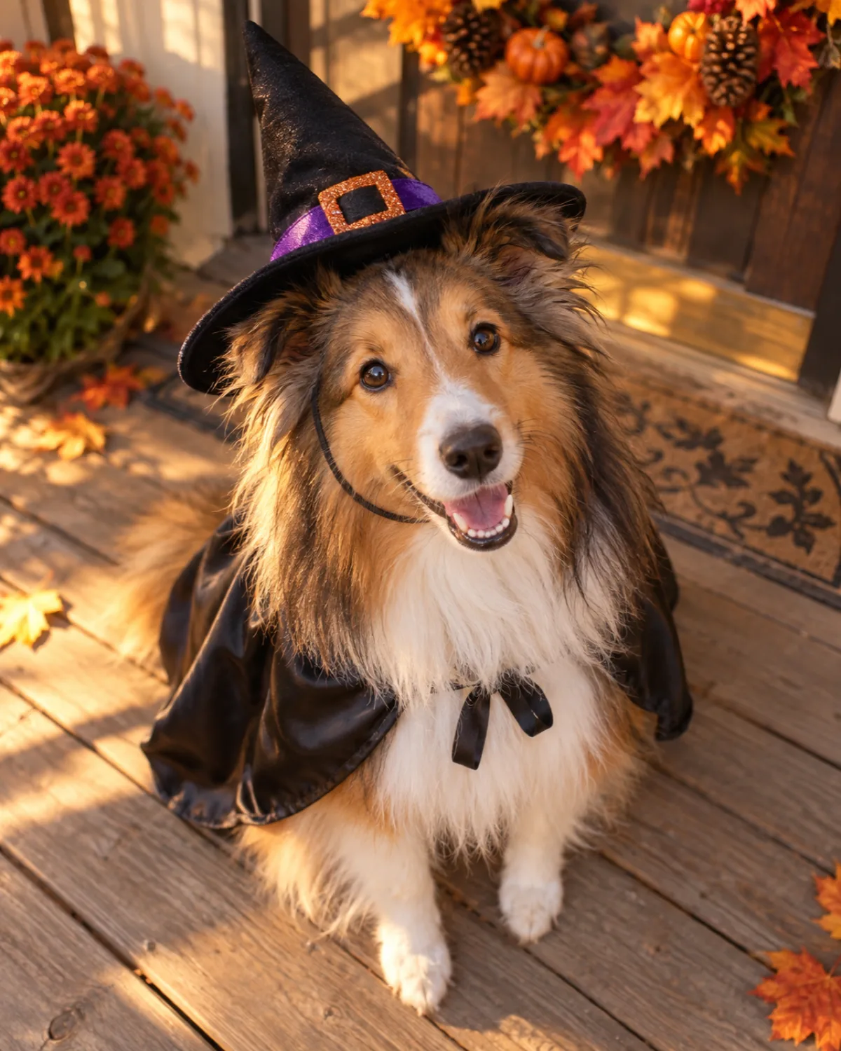 a small collie-like dog with abundant sable-and-white long coat and semi-erect ears sitting on a wood porch with autumn wreaths wearing a small black cone witch hat and a black satin cape