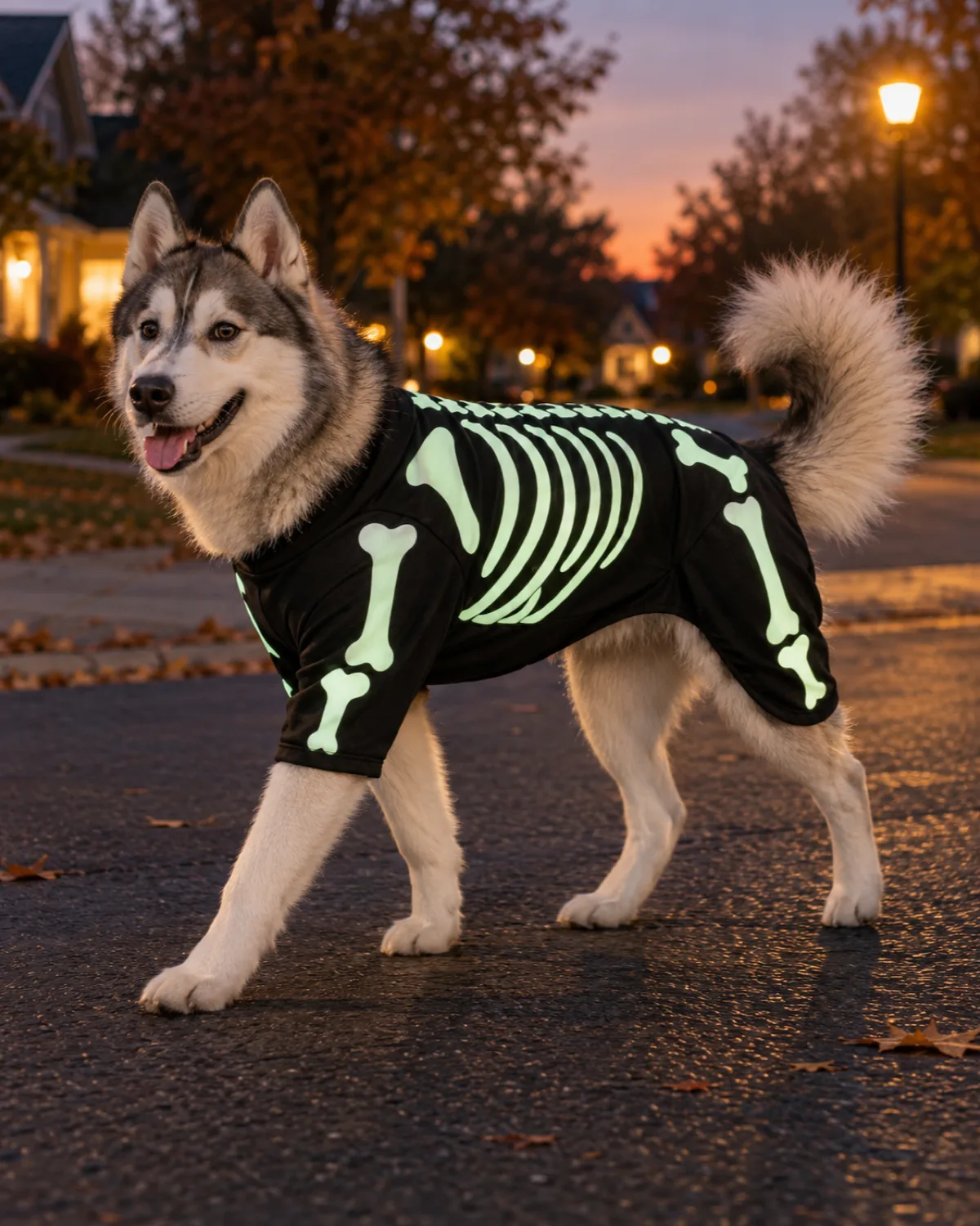 a medium athletic grey-and-white double-coated dog with erect triangular ears walking on a dark suburban street at dusk wearing a black bodysuit with glow-in-the-dark skeleton bone print