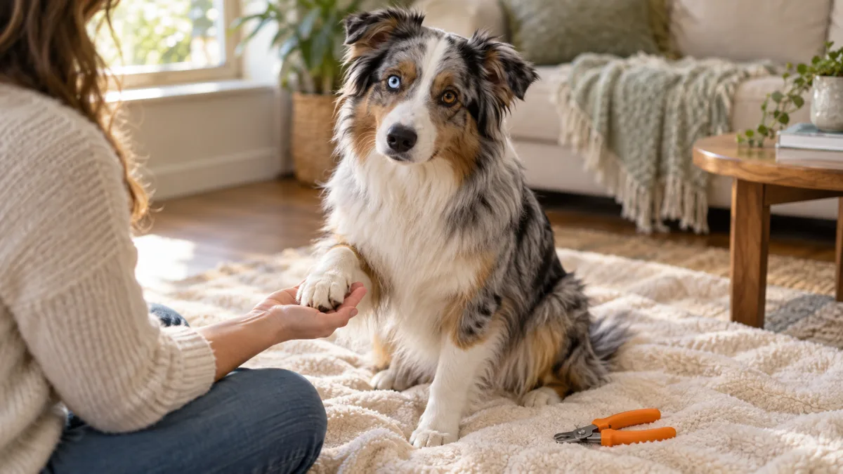 a medium blue-merle double-coated dog with heterochromia eyes sitting calmly on a cream blanket with one front paw resting in the owner open palm and an orange nail clipper nearby