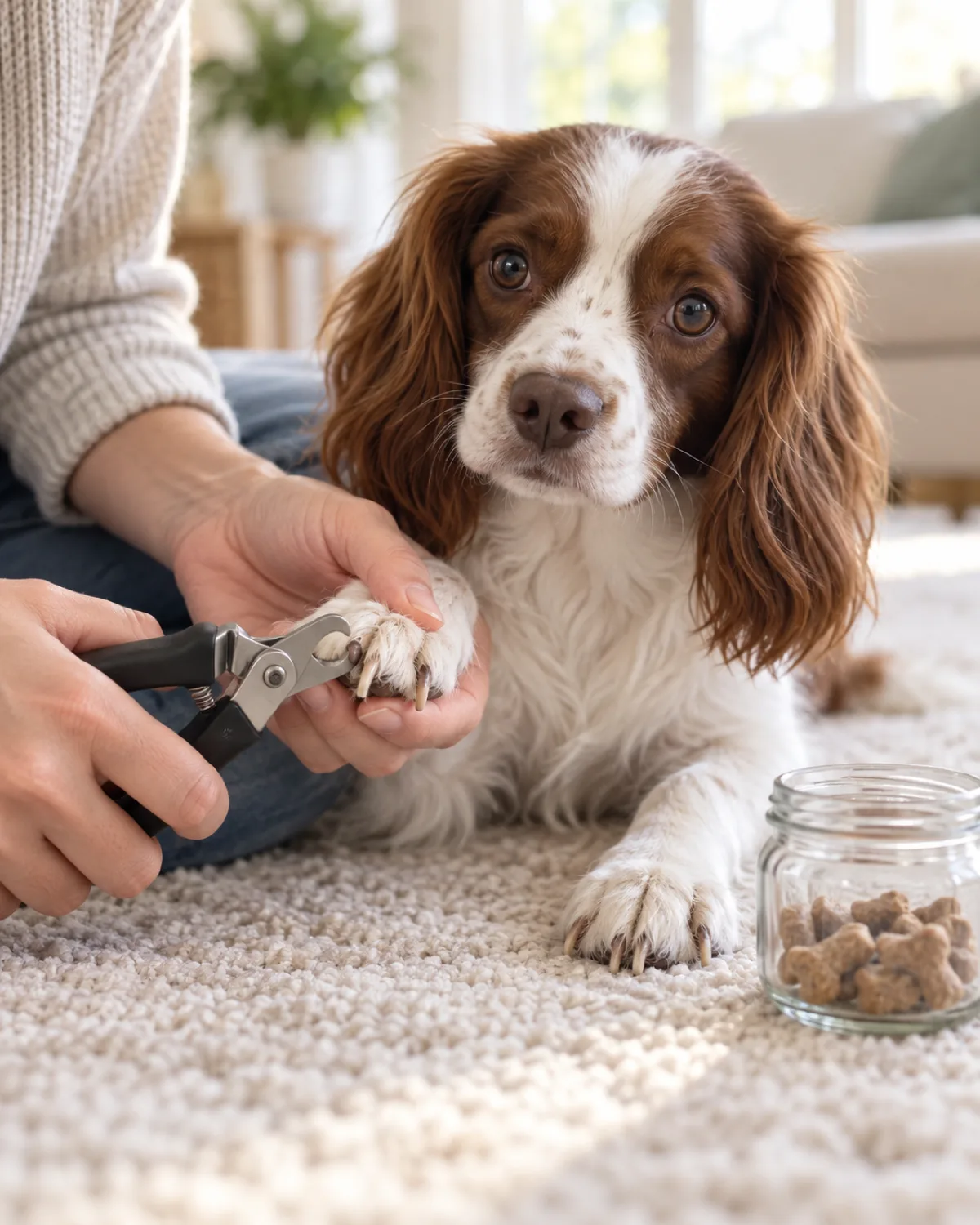 a small liver-and-white silky-coated spaniel-type dog with long floppy ears sitting on a pale rug with the owner cradling one front paw and a clipper positioned near a single nail with a tiny jar of treats on the floor beside them