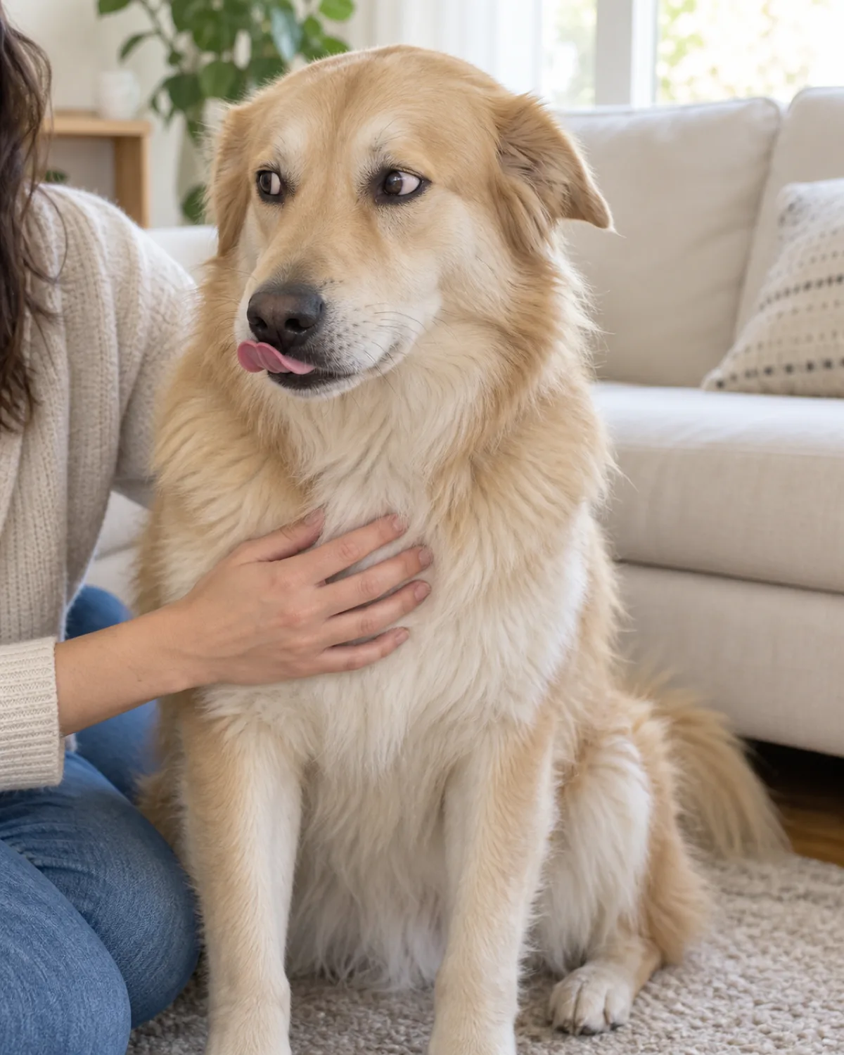 a large golden-cream fluffy double-coated dog with dark eyes and a broad gentle face showing whale eye and lip licking with one ear pinned back and the owner hand resting gently on the dog chest