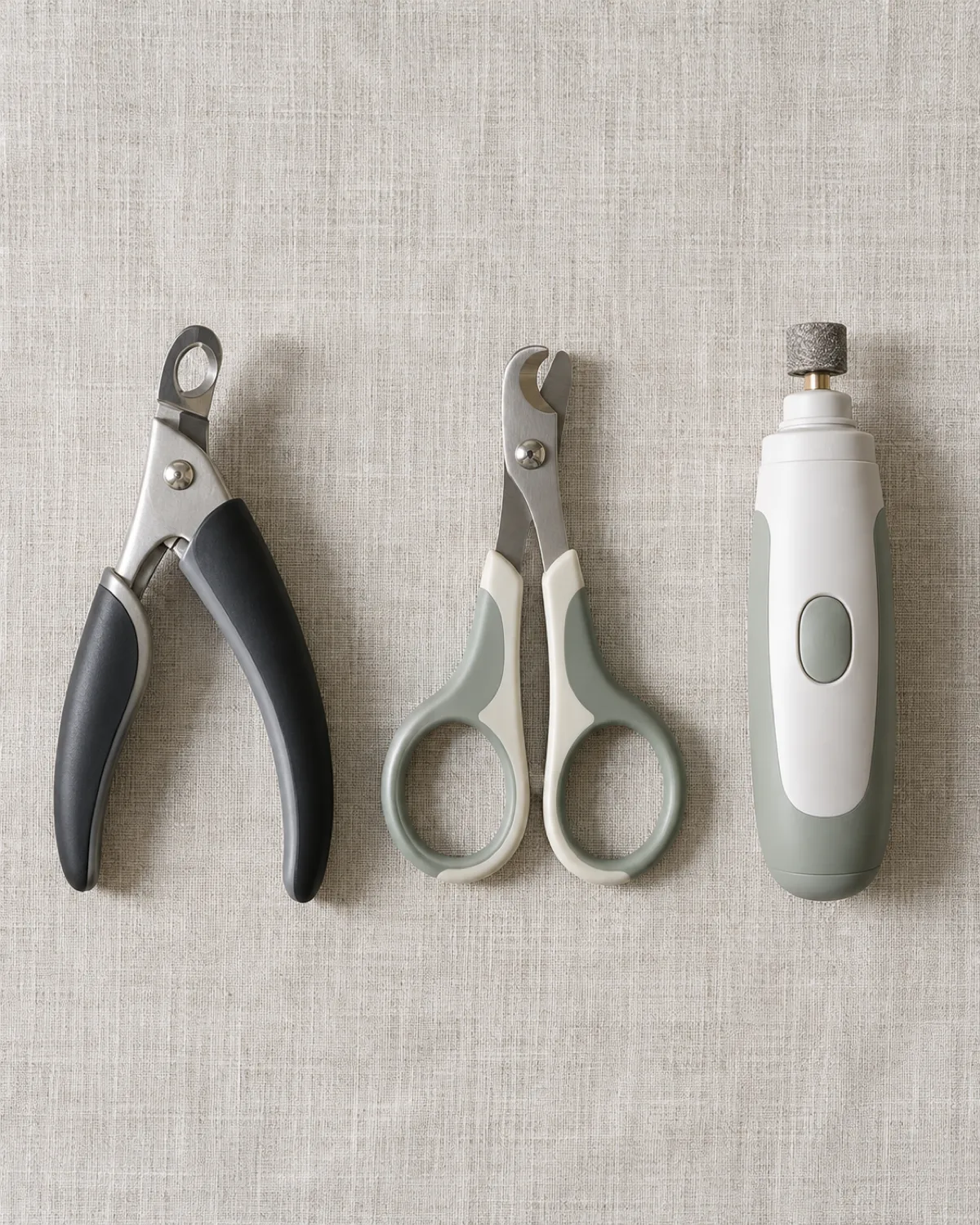 overhead flat lay on pale linen of three nail trimmer types side by side a guillotine clipper a scissor-style clipper and an electric nail grinder each with a small handwritten label card below