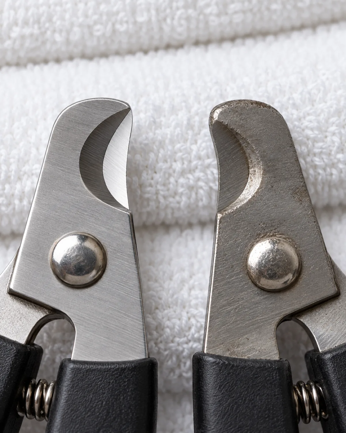 extreme close-up of two clipper blades on a white towel one sharp with a clean pristine edge and one dull with a slightly crushed blunted edge in bright overhead light