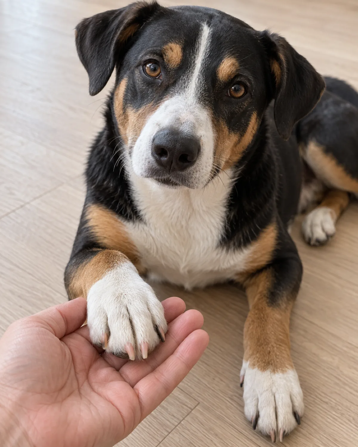 close-up of a medium tricolor short-coated dog front paw in the owner hand with one light-colored nail clearly showing the pinkish quick inside through the translucent keratin in bright overhead light