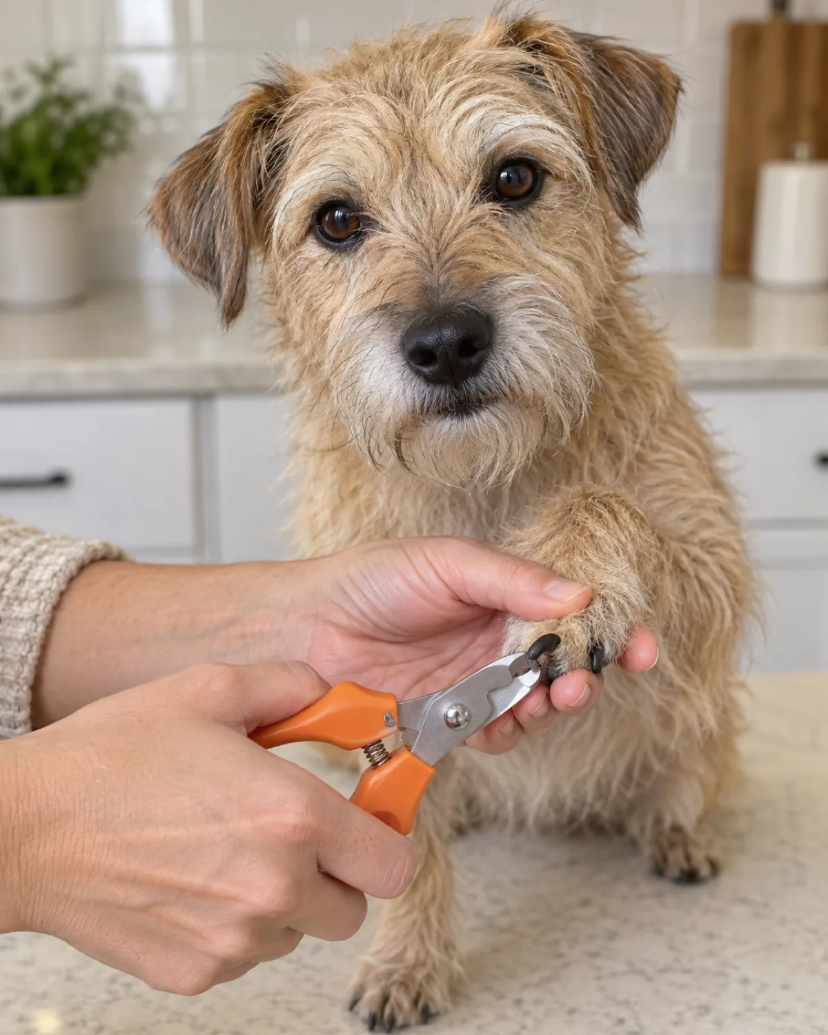 a small sandy-blonde rough-coated terrier-type dog with wiry eyebrows and a beard with the owner holding the paw steady and positioning an orange scissor-style clipper at a 45-degree angle just below the tip of a dark nail
