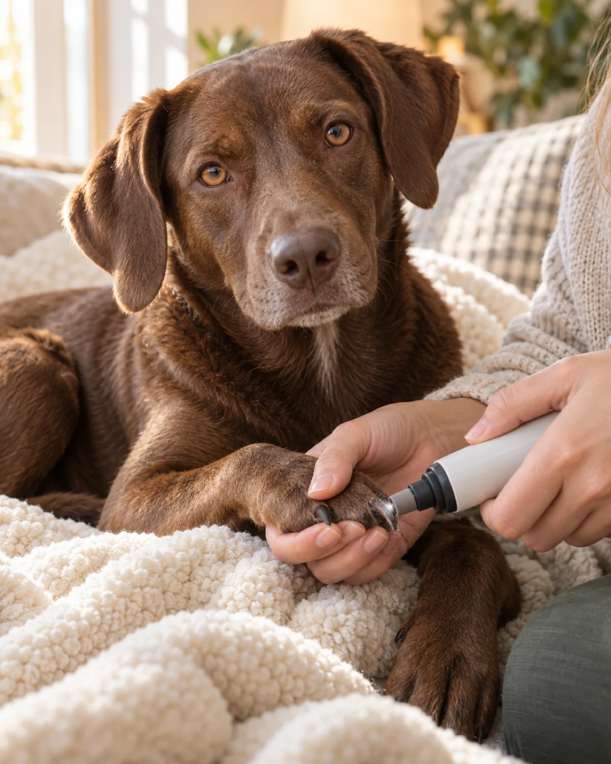 a medium chocolate-brown smooth-coated dog with amber eyes and floppy velvety ears lying relaxed on a cream fleece blanket with the owner holding a cordless pet nail grinder against one nail with fine dust visible