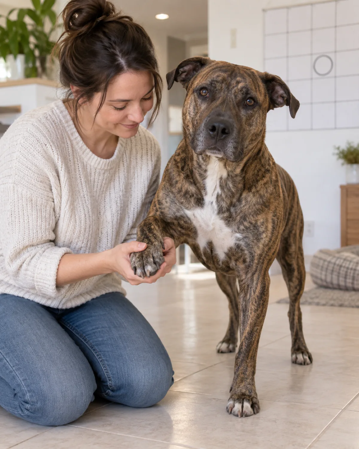 a large brindle short-coated dog with rose ears and a deep chest standing on a pale tile floor with the owner kneeling and gently lifting one front paw showing visibly short and rounded nails