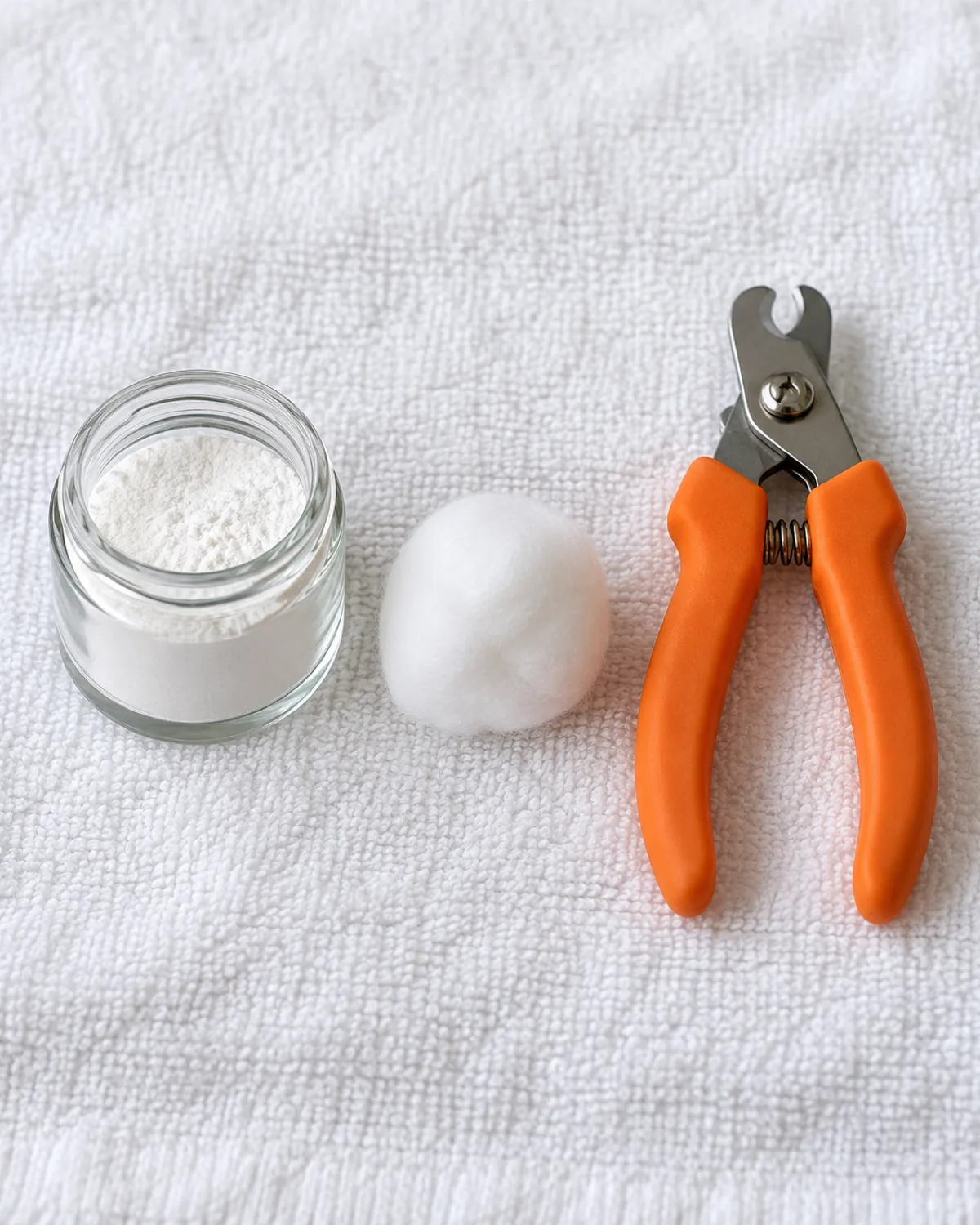 close-up on a clean white towel of a small open jar of styptic powder a cotton ball and a pair of orange nail clippers arranged neatly side by side in bright overhead light