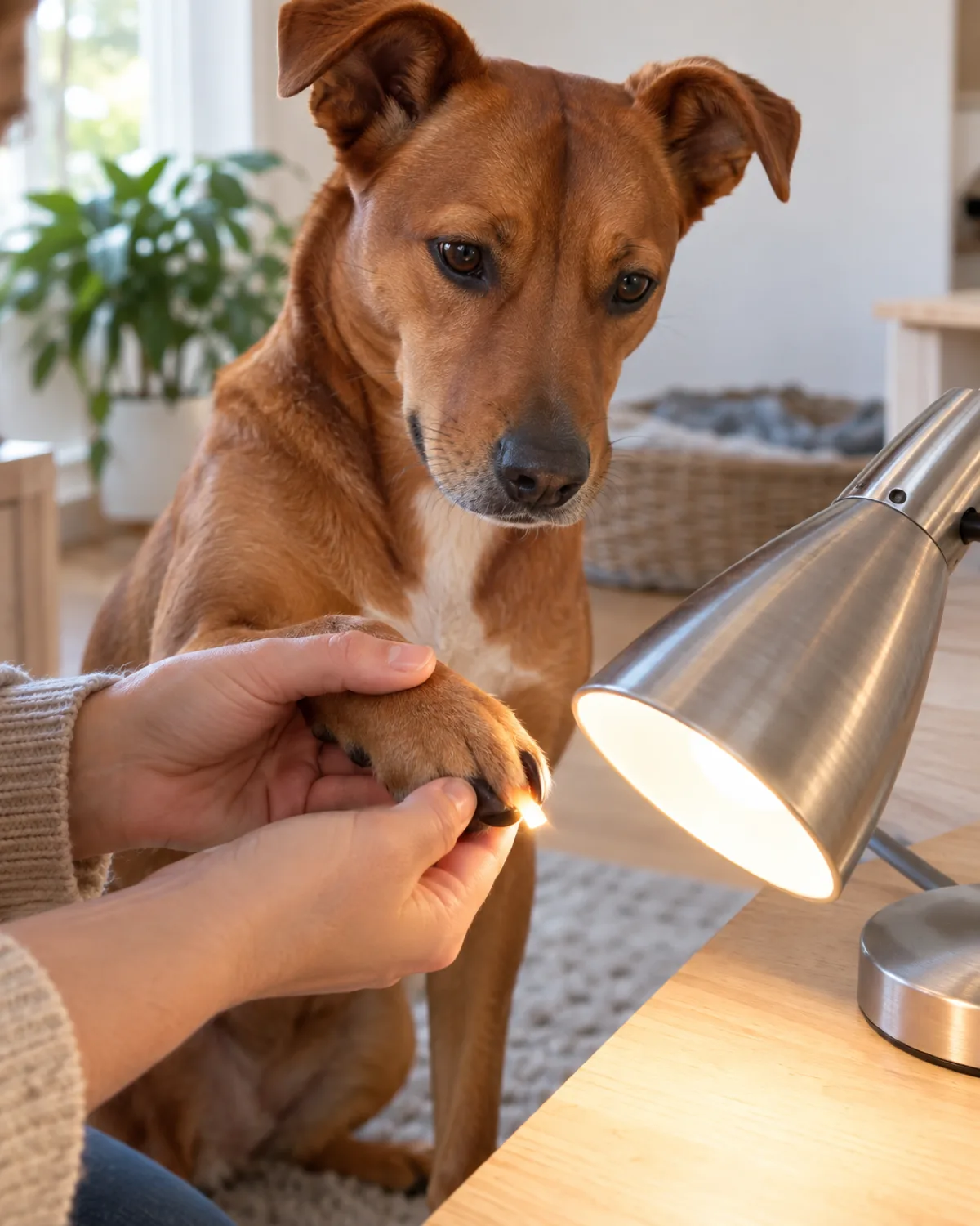 a medium deep-red smooth-coated dog with semi-erect ears and an athletic lean build with the owner holding the dog dark-nailed paw under a bright adjustable desk lamp illuminating the nail from below