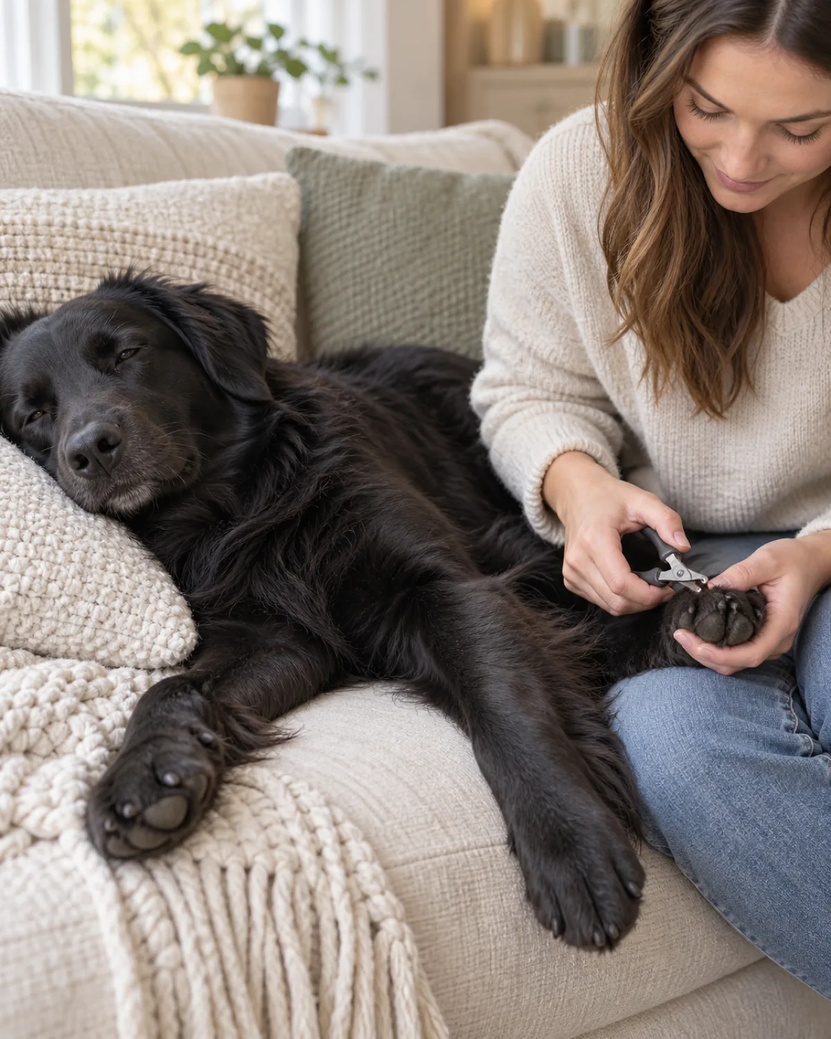 a large solid-black long-coated dog with a calm deep expression and feathered legs lying comfortably on its side on a cream couch with the owner sitting beside calmly trimming a back paw nail