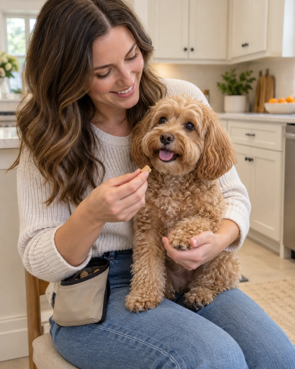 a small fluffy apricot curly-coated dog with round dark eyes and a button nose sitting on the owner lap on a kitchen floor with the owner holding one paw in one hand and offering a small treat piece with the other hand