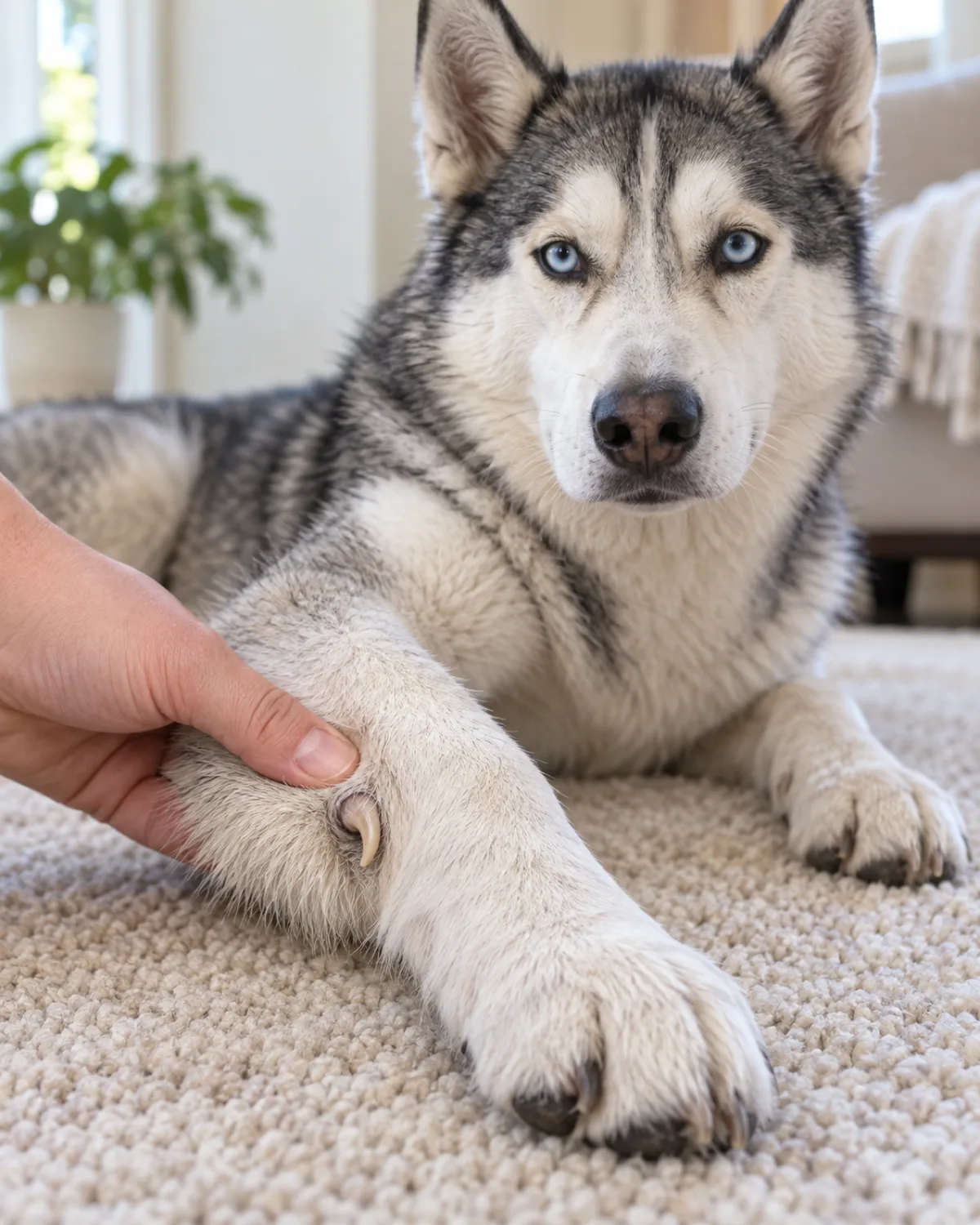 close-up of a medium grey-and-white husky-type dog with blue eyes and erect triangular ears showing the inner front leg dewclaw with the owner thumb gently pressing beside it to expose the curved nail