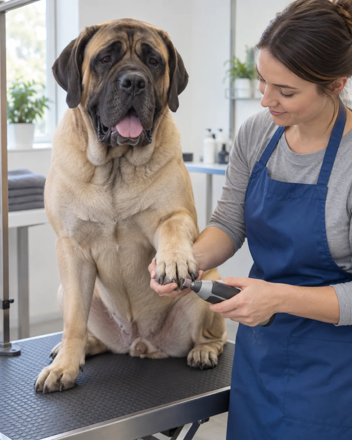 a large fawn-and-black heavy-boned mastiff-type dog with droopy jowls sitting patiently on a grooming table in a bright clean grooming salon with a professional groomer in a blue apron gently holding one front paw with a professional rotary tool