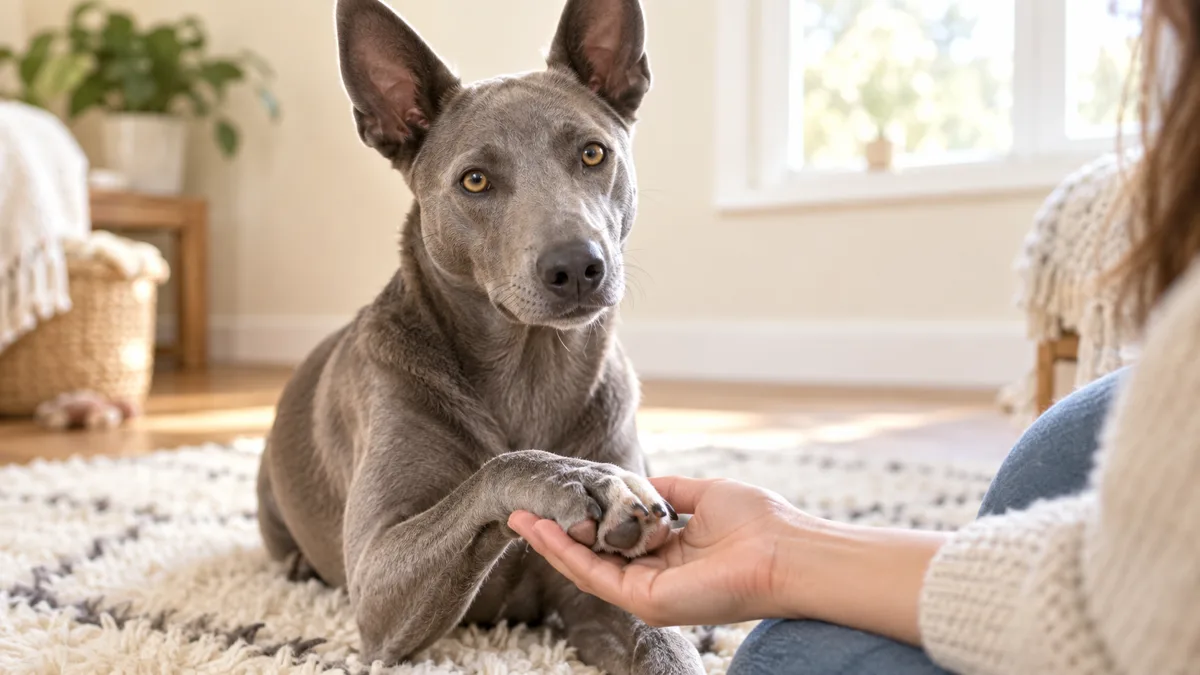 a medium silver-grey sleek short-coated dog with pale amber eyes sitting on a pale cream wool rug with one front paw resting in the owner open palm showing healthy pink pads in bright natural window light
