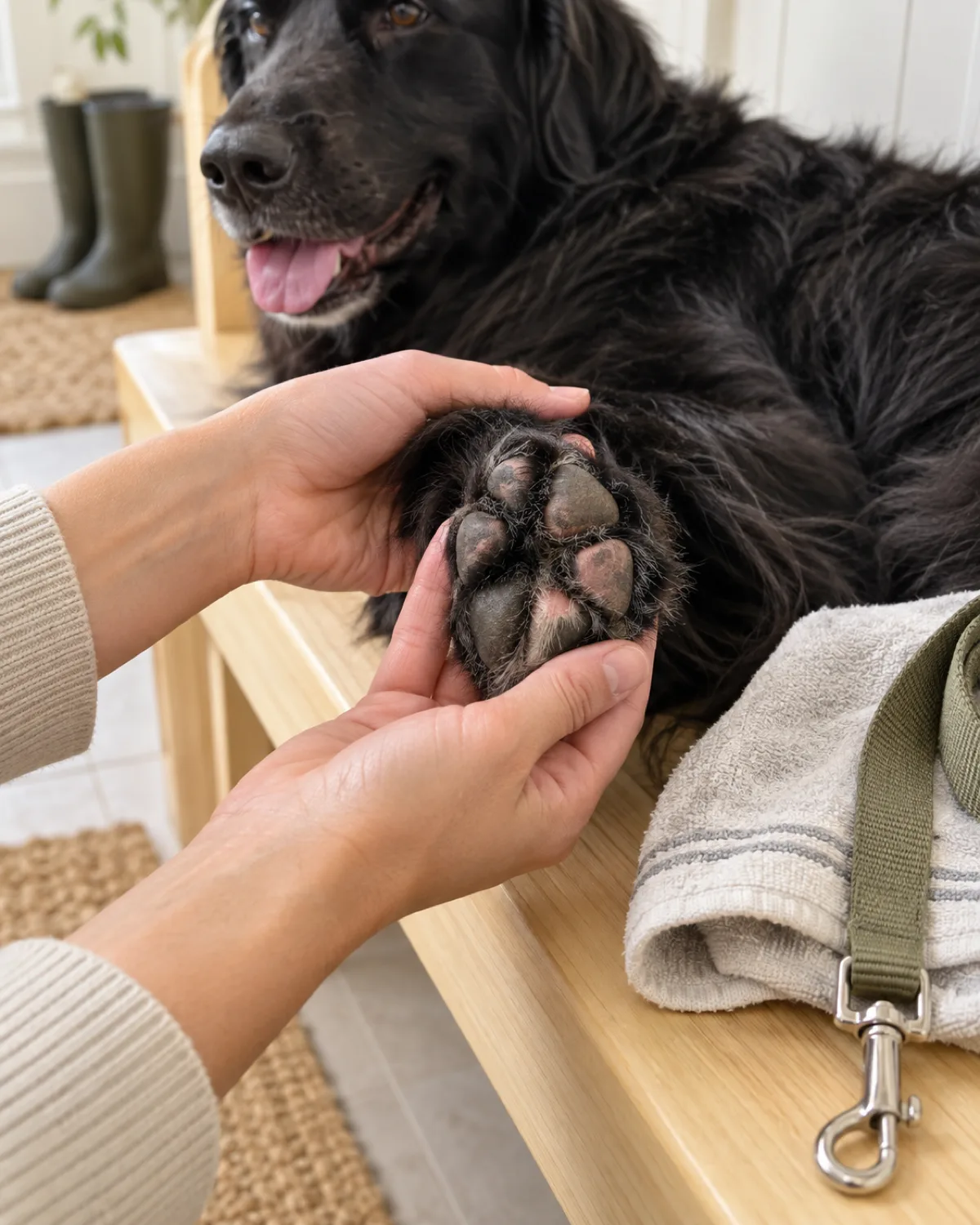 close-up of the owner hands gently holding a large solid-black long-coated dog front paw pad-side up on a pale wood entryway bench in bright overhead light showing healthy pink-and-dark pads with no cracks