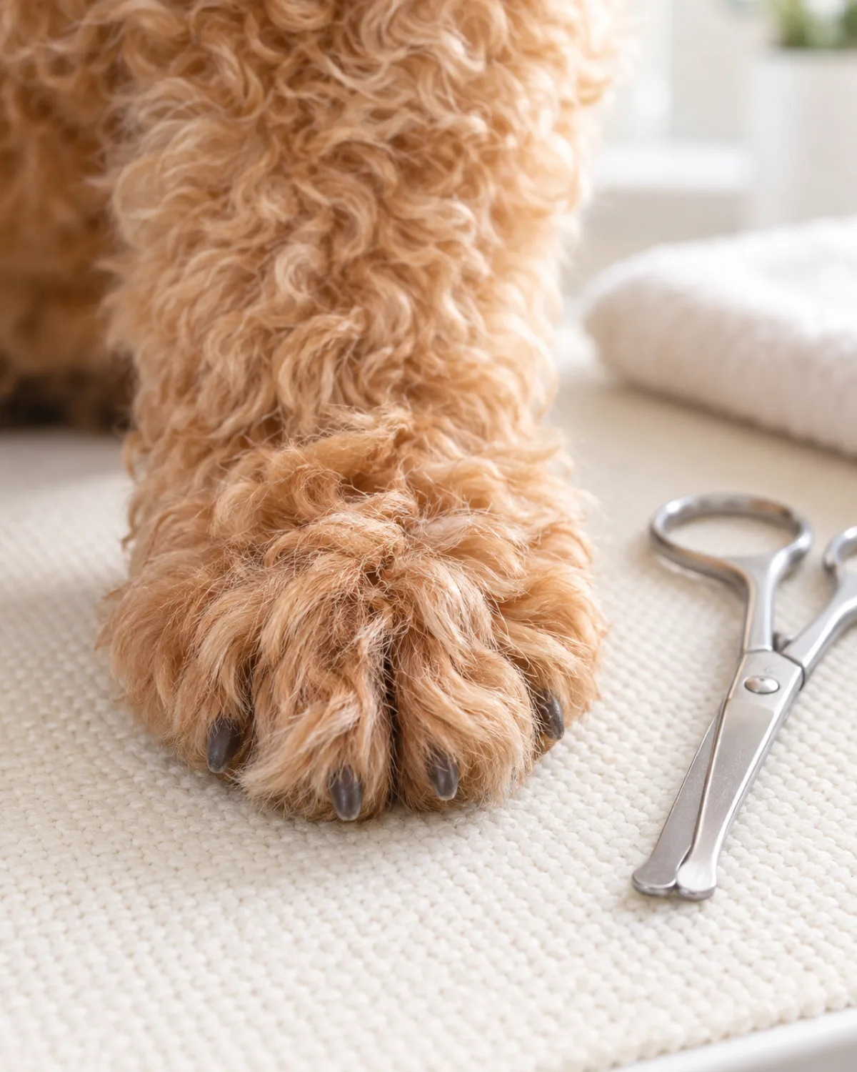 close-up of a small apricot curly-coated dog front paw on a pale cream grooming mat with fur between the toes slightly overgrown and a pair of rounded-tip grooming scissors resting beside the paw in bright natural sidelight