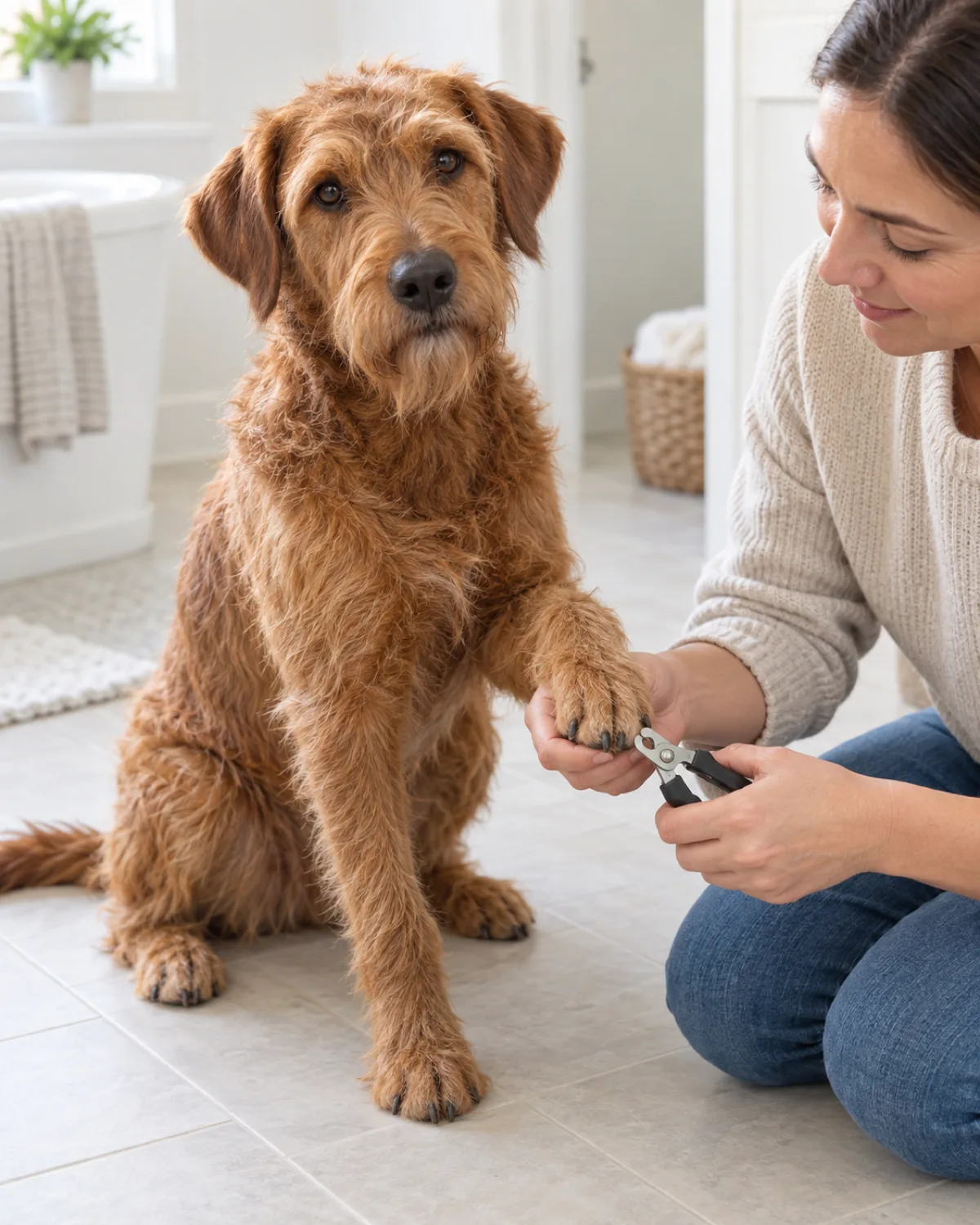 a medium rusty-red wiry-coated dog with bushy eyebrows and a bearded muzzle sitting on a pale tile floor with one front paw lifted slightly while the owner kneels holding a nail clipper near the paw with nails at a healthy short length in bright bathroom light