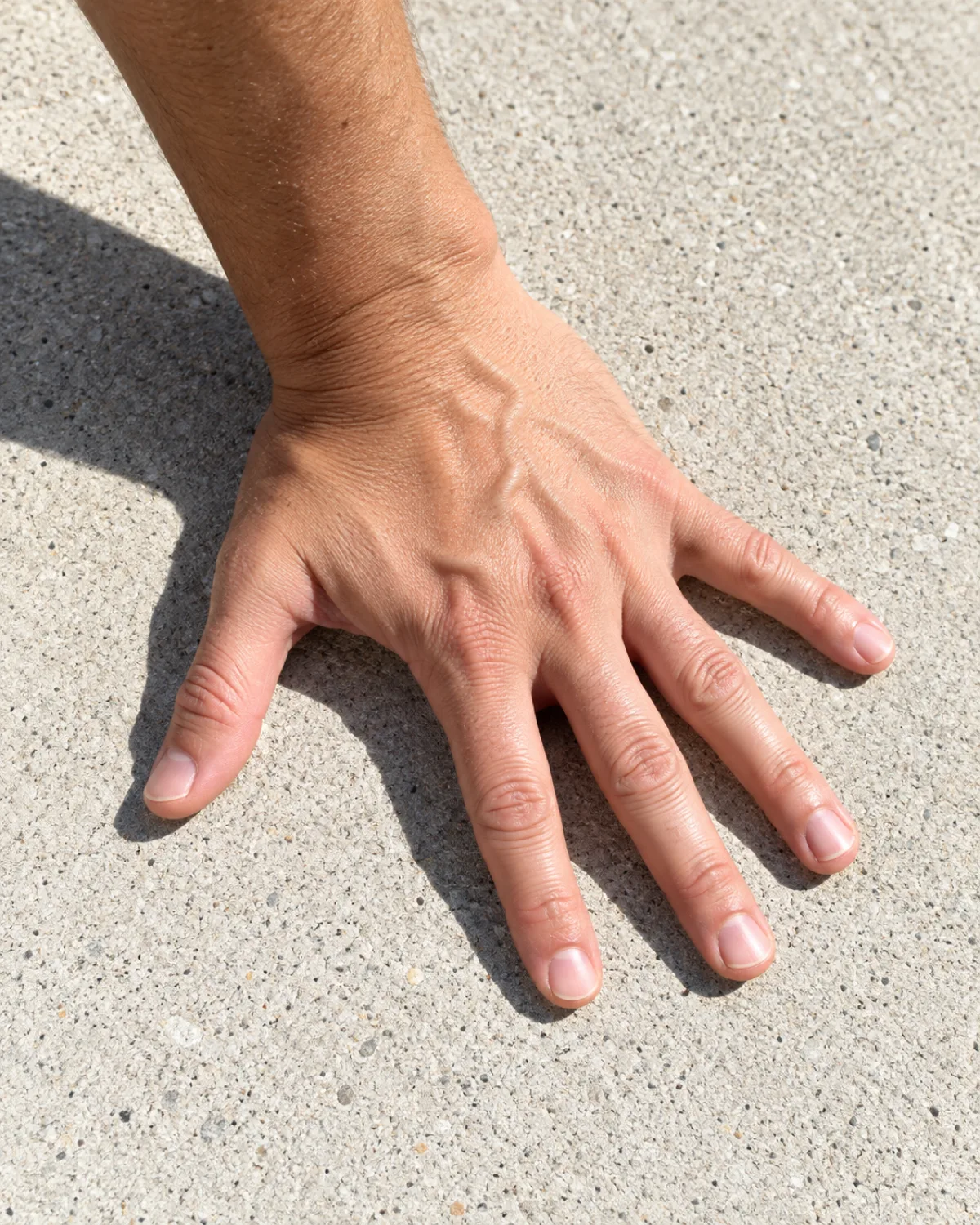 close-up of an adult hand pressed flat palm-down on a sunlit concrete sidewalk in bright midday summer light with the shadow of the hand visible on the pale grey concrete during a heat test demonstration