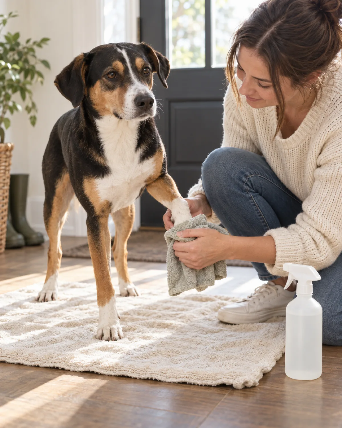 a medium tricolor smooth-coated dog with folded ears standing on a pale cream towel at the front door entryway while the owner crouches and wipes one front paw with a damp cloth with a spray bottle of paw wash on the floor in bright natural doorway light